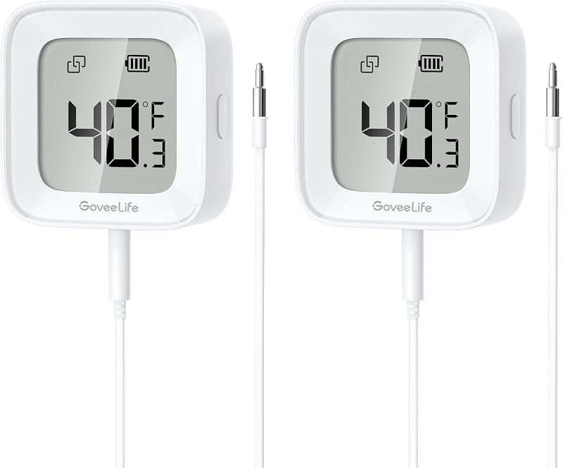 GoveeLife Termómetro Bluetooth para refrigerador con pantalla LCD, paquete de 2 | Monitor de refrigerador con alarma de congelador con alertas de aplicación y anti-falsos, alcance de 197 pies, exportación de datos de 2 años. Para congelador/pecera/jacuzzi