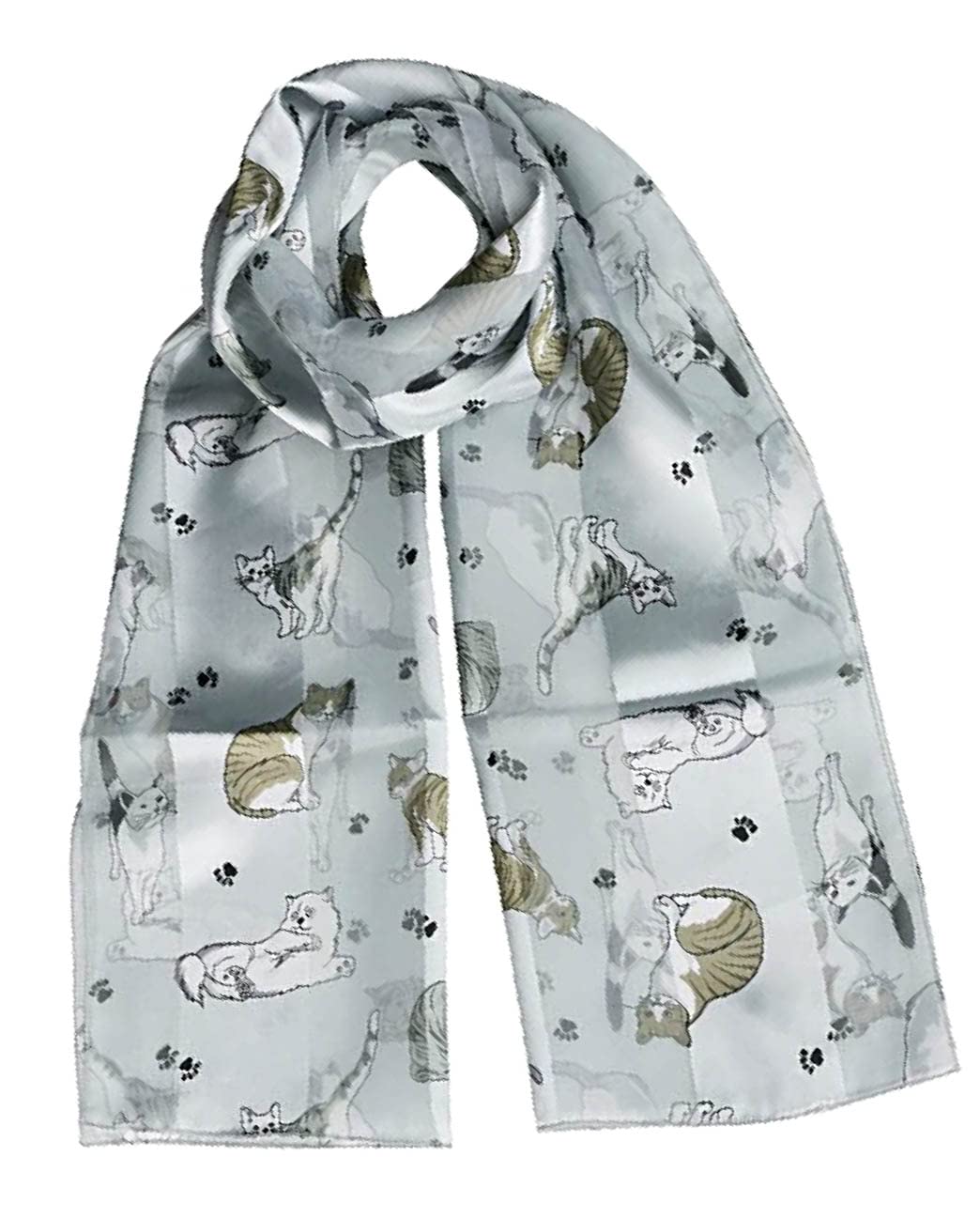 Mytoptrendz Women's Grey- Paw Mytoptrendz® Cat Print Scarf Soft Silky Satin Stripe Cats Theme Wrap(Silver Grey Paw)