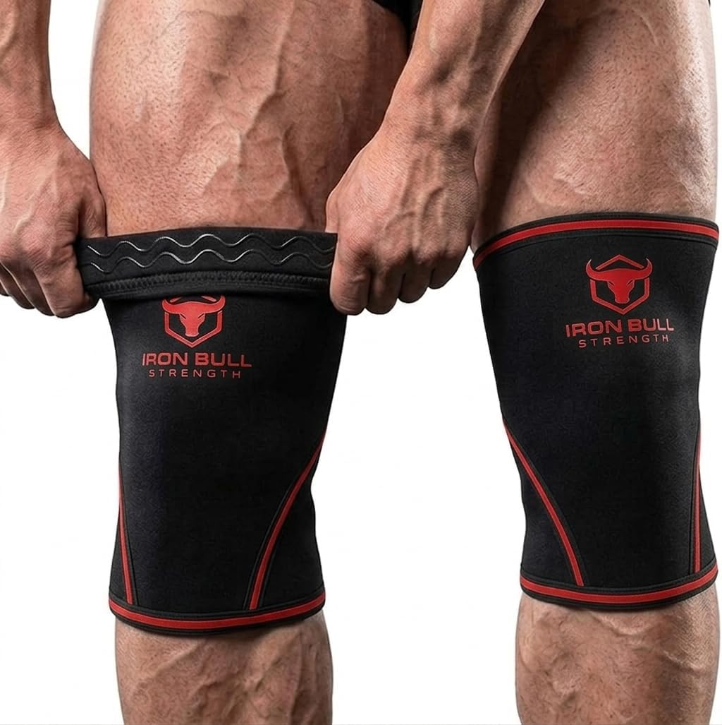 Iron Bull Strength Knee Sleeves 7mm (Pair) for Weight lifting & Powerlifting| High-Performance Knee Support For Squats, Weightlifting - Men and Women (Black/Red, X-Large)