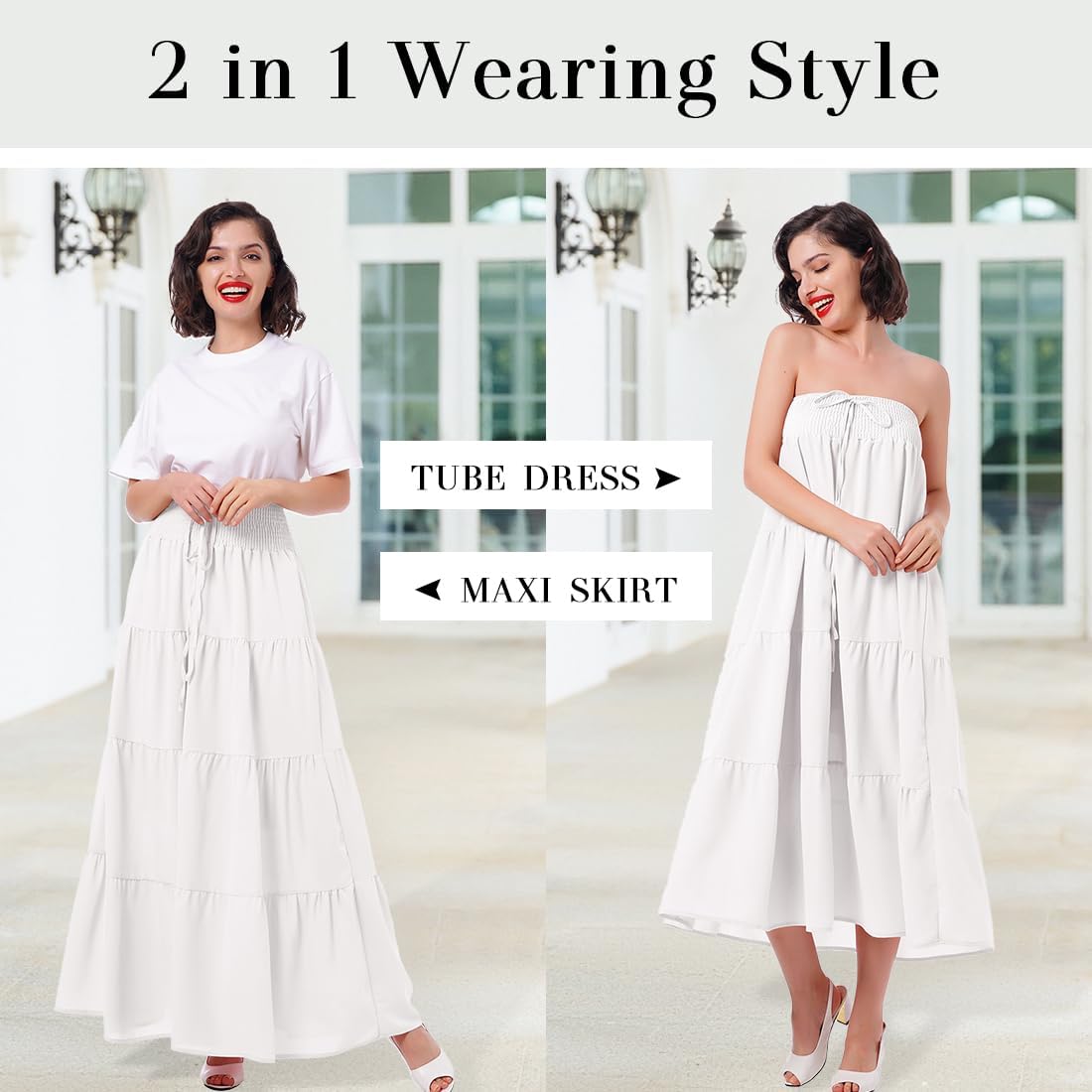IWEMEK Women Boho Elastic Waist A Line Ruffle Beach Convertible Maxi Skirt Dress Tired Pleated Drawstring Chiffon Long Skirts