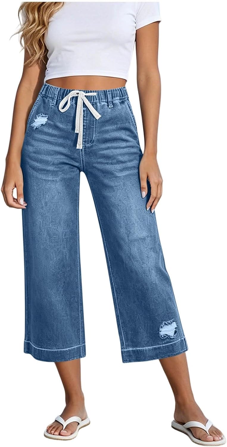 Capri Jeans for Women 2026 Casual Summer Drawstring Elastic Waist Straight Wide Leg Jeans Pant Stretch Denim Pants