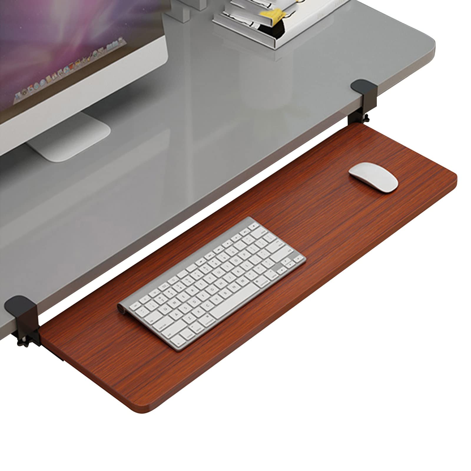 CVJdfhRE desk extender， Keyboard Tray Under Desk Pull-out Holder, Mouses Platforms, Support Stands And Storage Shelves, Clamp-On Easy Install(B teak,75x25cm(30x10Inch))