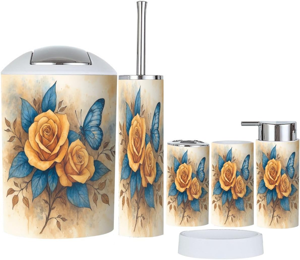 Bathroom Accessory Set 6 Piece Boho Boho Roses Floral Butterfly Orange Blue Yellow Flowers Roses Trash Can, Toothbrush Holder, Soap Dispenser, Soap Dish, Toothbrush Cup, Toilet Brush Holder