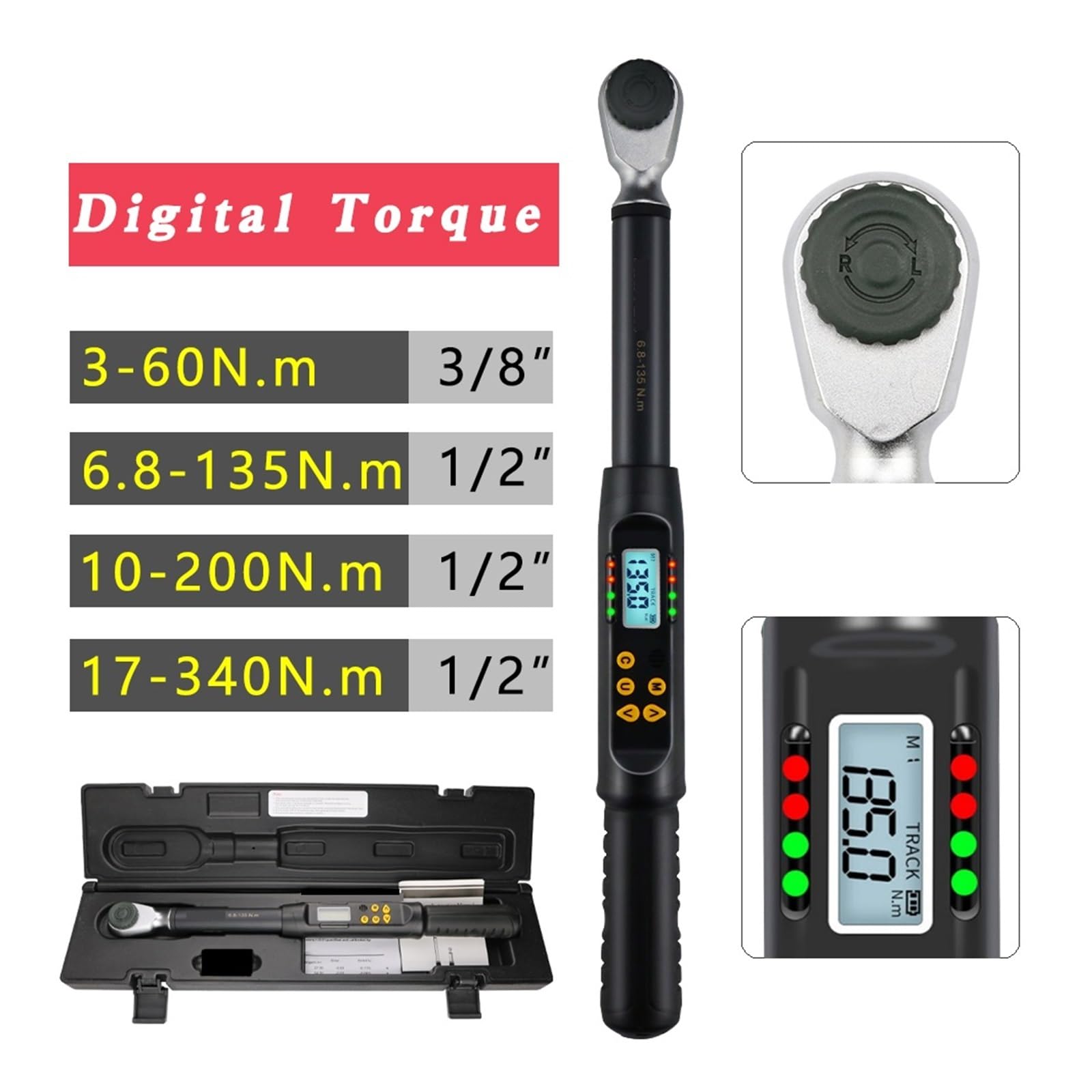 Juego De Llaves DinamoméTricas Llave Dinamométrica Digital Profesional Ajustable De Alta Precisión For Guardar Datos, Herramienta De Reparación De Bicicletas, Automóviles Y Bicicletas(17-340N.m 1-2)