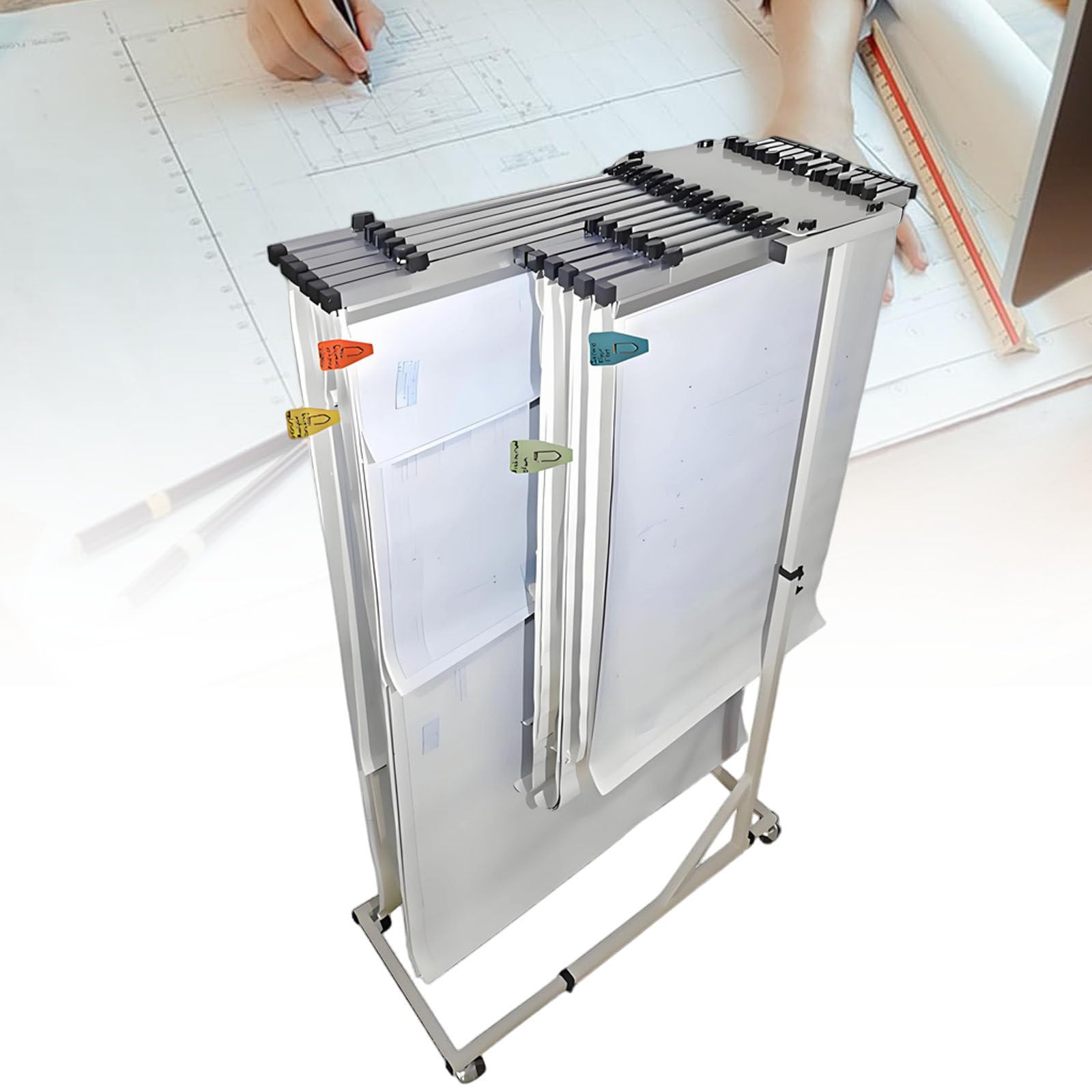 Ymnogjie Adjustable Mobile Stand with Engineering Drawing Racks and Hangers A2clip-12PCS