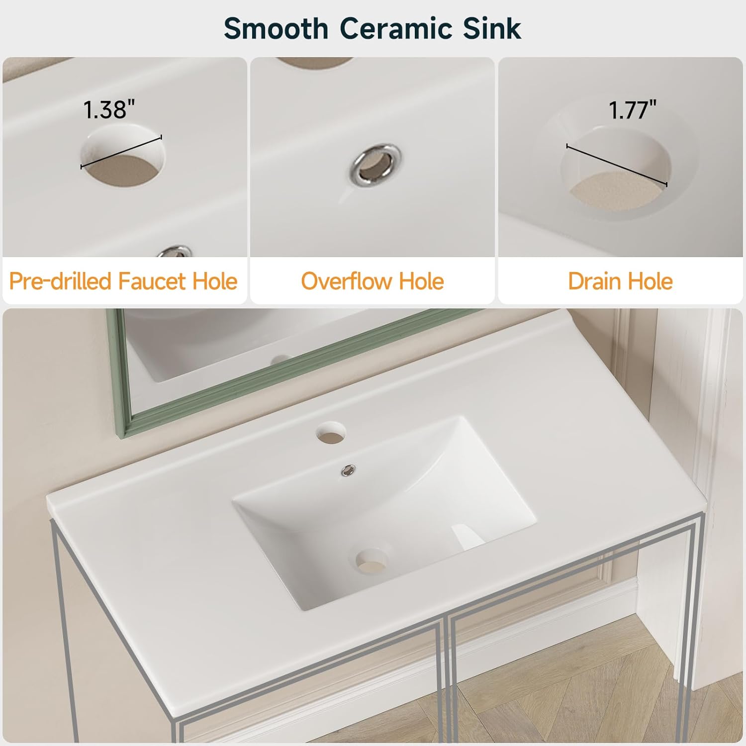 ONBRILL Bathroom Vanity with Sink Combo, Modern Bathroom Vanities with Adjustable Shelf, 4 Solid Legs, 2 Drawers, 2 Doors, Ceramic Integrated Sink, Freestanding Bath Storage Cabinet (32", Green)