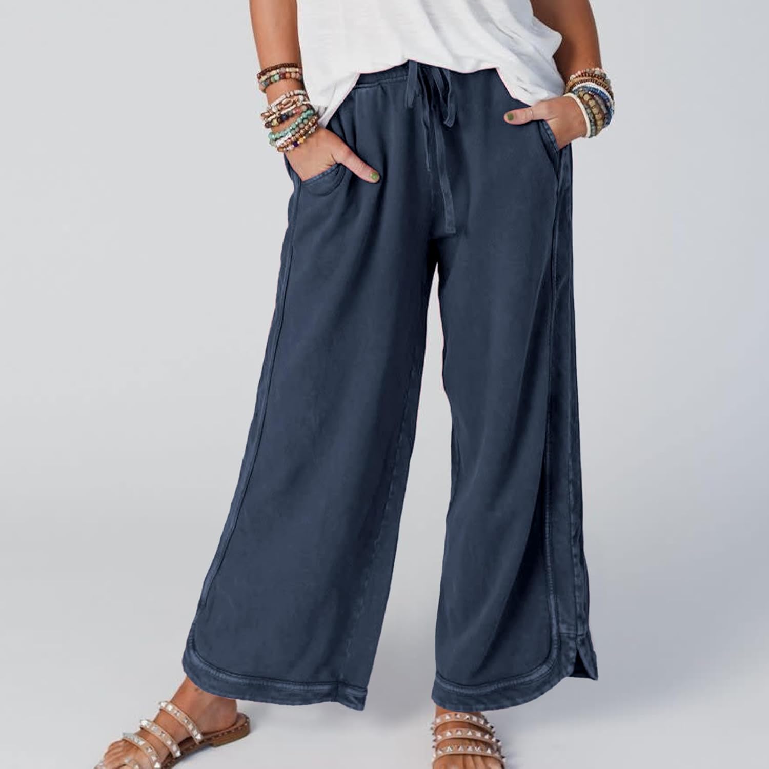 Hixiaohe Women's Casual Wide Leg Sweatpants High Waist Baggy Acid Wash Pants Drawstring Athletic Palazzo Pants with Pockets