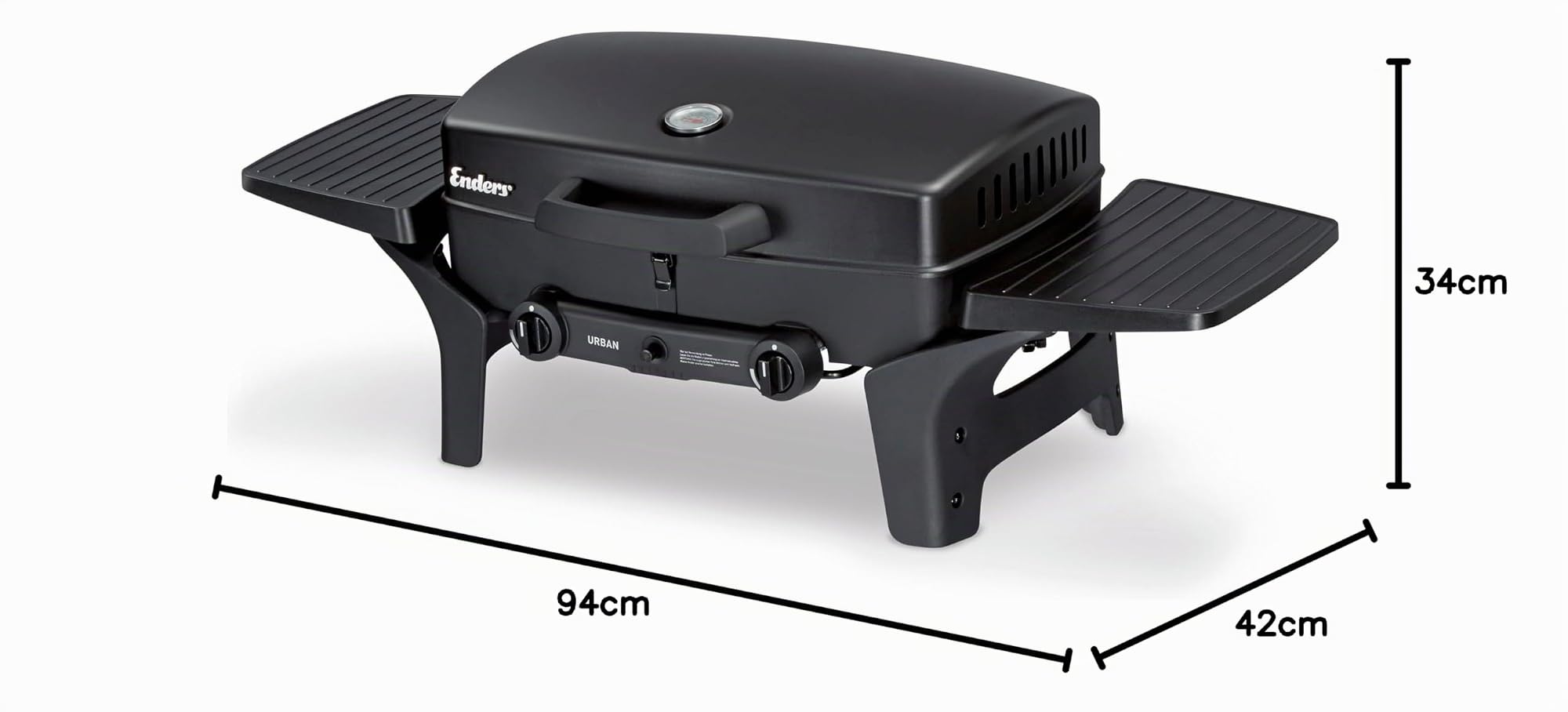 Enders Urban, Barbecue a gas portatile, BBQ grill da campeggio, 2 fuochi in acciaio inox, Coperchio con Termometro & Griglia in Ghisa, Per Esterno, Balcone, Camping, Giardino, 30 mbar #209533