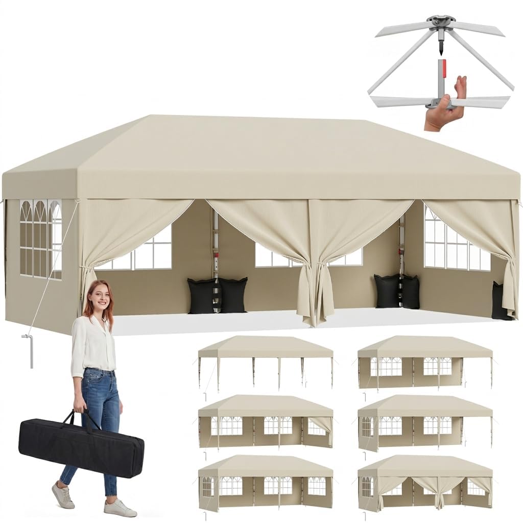 JUMMICO 3x6m Pop Up Gazebo with Sides, Heavy Duty Waterproof Gazebo Marquee, UV50+ Garden Gazebo, 4 Removable Walls & Adjustable Height Folding Tent for Garden Party Camping - Beige — image 1