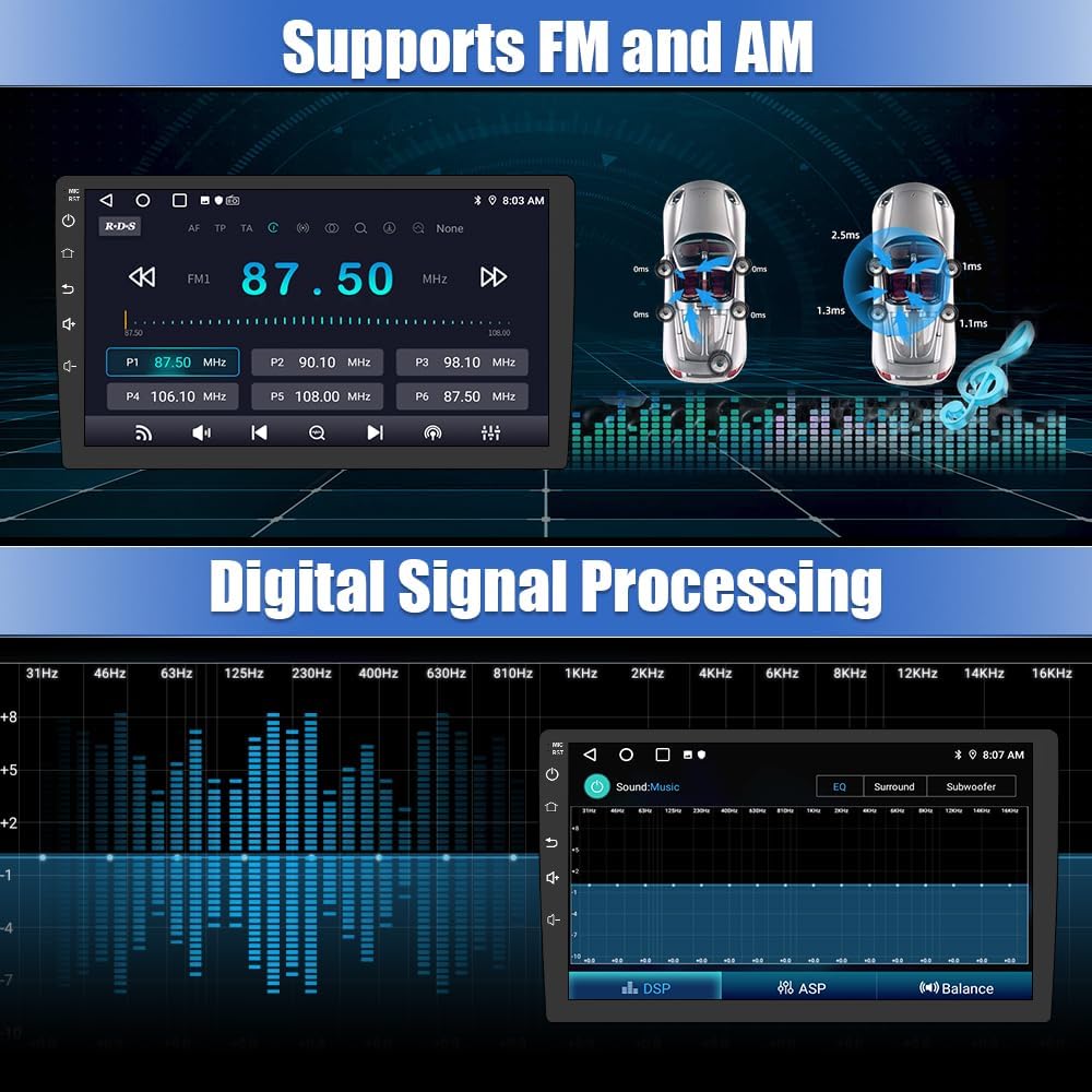 Image showing the FM radio interface with station presets and the Digital Signal Processing (DSP) equalizer settings for audio customization.