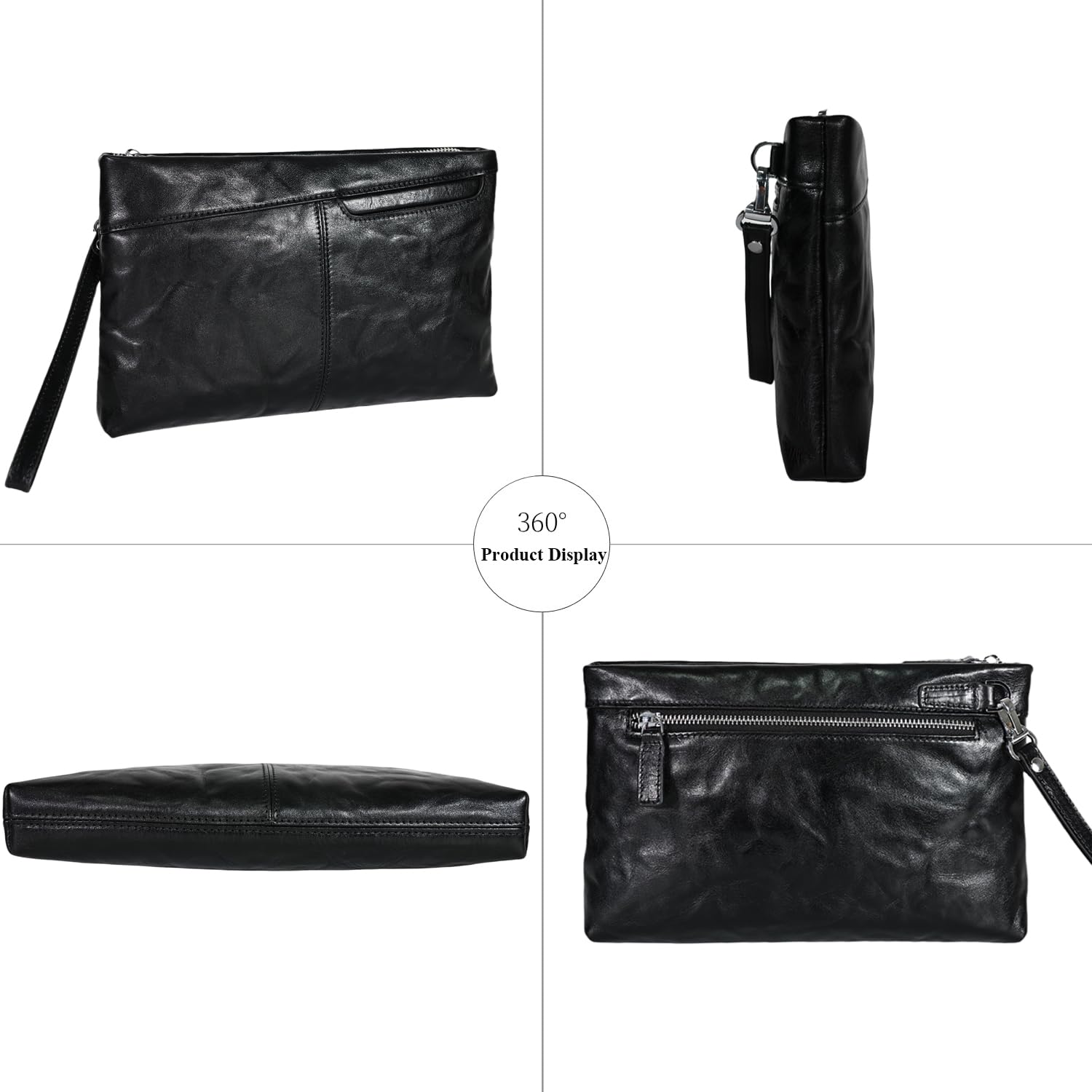 Pochette in vera pelle per uomo borsa da polso borsa da lavoro grande borsa a busta, nero, Large, Classico, casual, quotidiano, affari