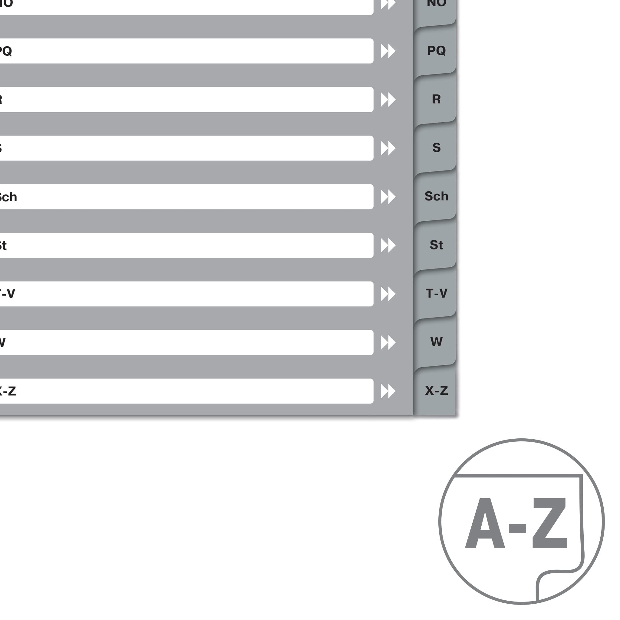 VON Segregister A-Z do segregatorów, A4, karton PP, bardzo szeroki, 11-otworowy uniwersalny rejestr do skoroszytów i kołonotatników, 20 skoroszytów alfabetycznych, od Leitz, szary, 12290085