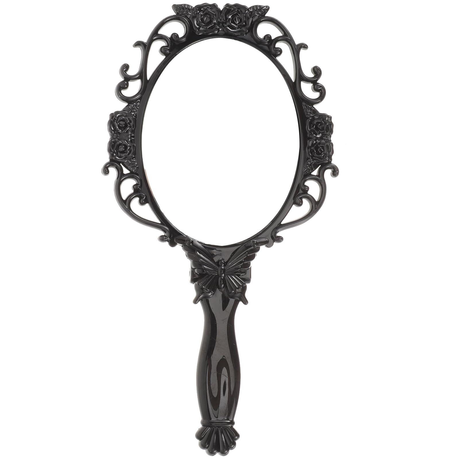 2-Pack Retro Handheld Vanity Mirrors, Black Circular Makeup Mirrors with Folding Design, Portable Antique Style Mirrors with Floral Details for Travel and Daily Use, 23x12cm