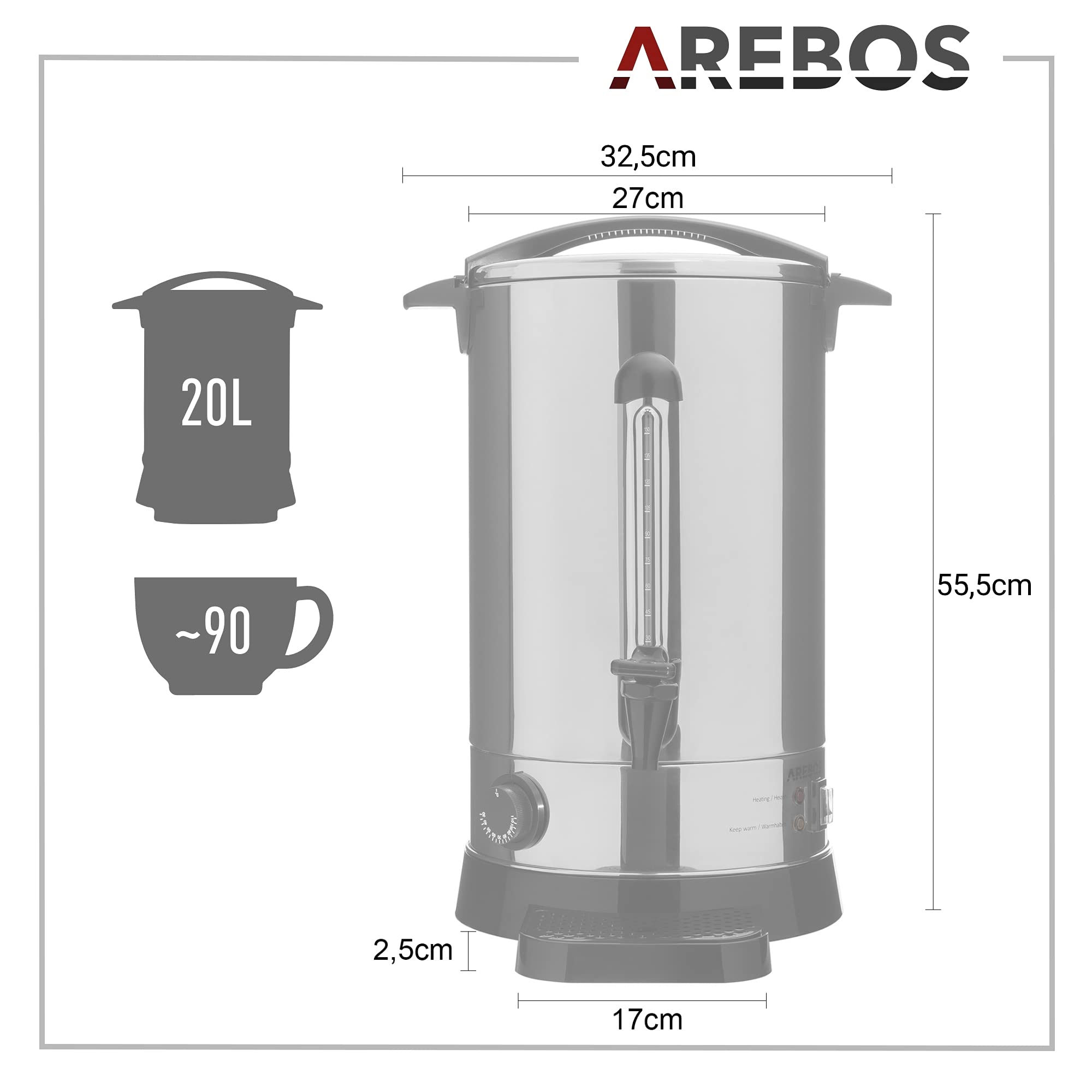 Arebos Cocina eléctrica para vino caliente 1650 W | 20 L | Hervidor para Vino Caliente | Dispensador con grifo de salida | termostato y protección contra sobrecalentamiento | Acero inoxidable