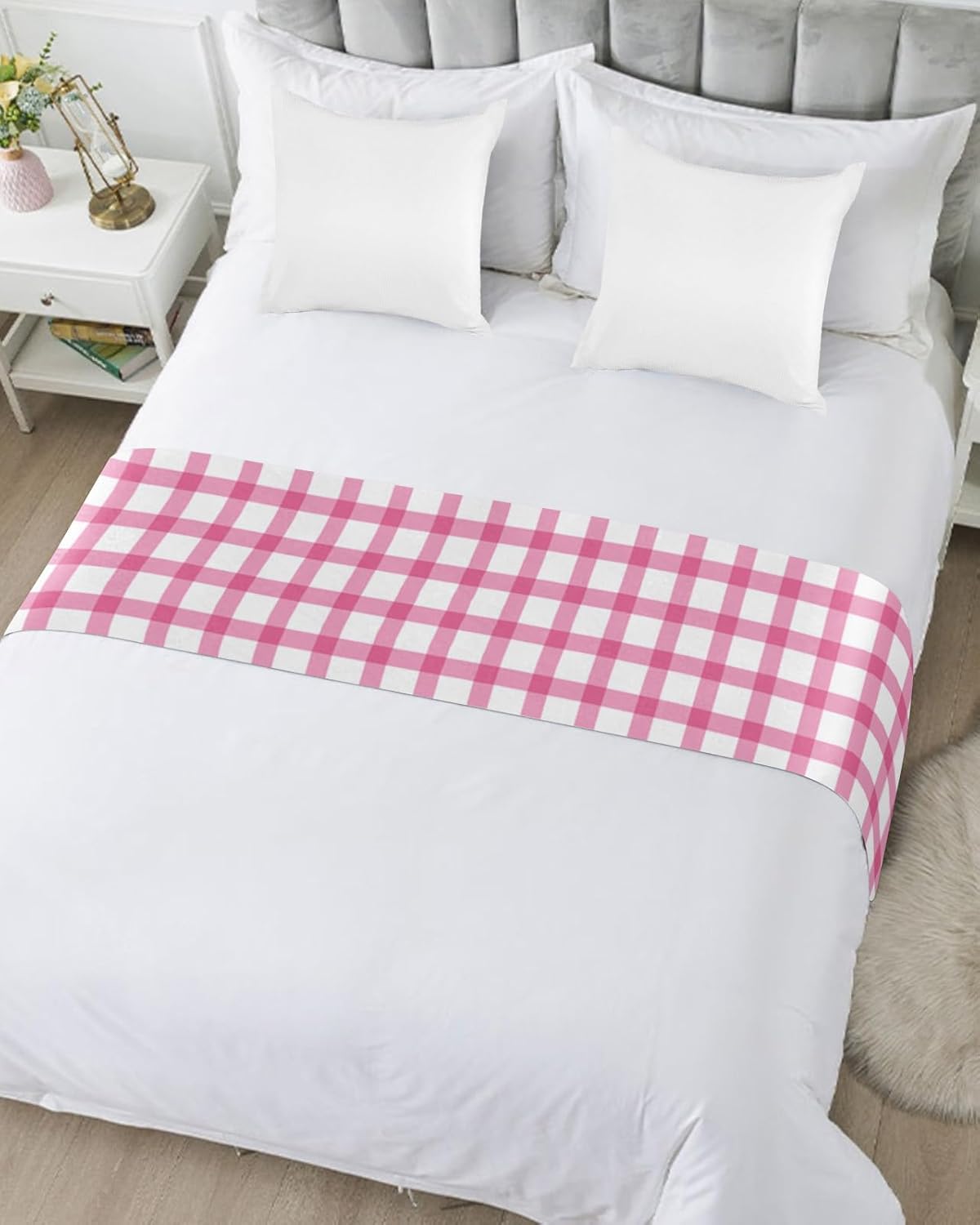 Smile Sunflower Bed Runner Scarf Pink and White Checker Plaid Bedding Scarf Decorative Bed Runners Cover for Home Bedroom Hotel Wedding Room Bed Scarf for Foot of Bed Queen 83x20in