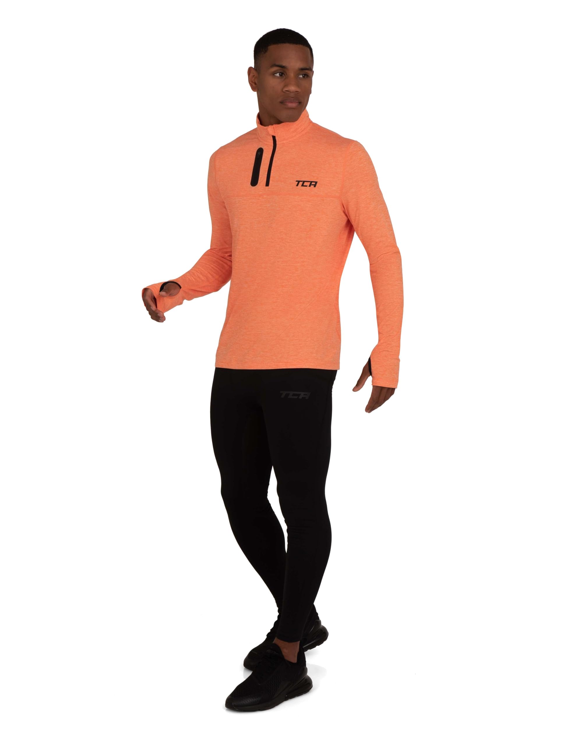TCA Haut Running Homme Hiver - Vetement Sport Homme Manches Longues - Quickdry Fusion Pro avec Fermeture Éclair à Mi-Poitrine - Tenue pour Course à Pied et Jogging - Orange/Orange, M