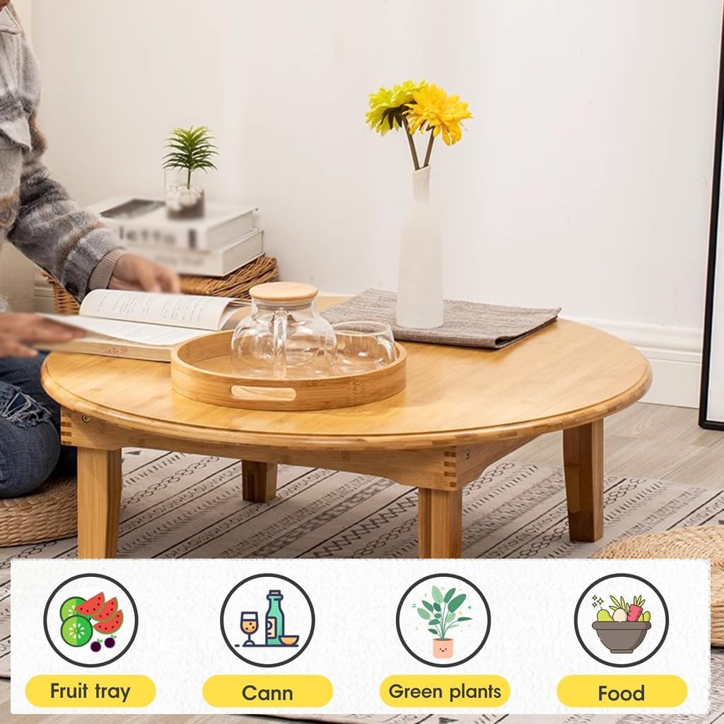 Round Japanese Style Small Table with Foldable Legs - Bamboo Coffee Low Table for Drinking Tea, Bay Window, Tatami, Outdoor, Bed Computer Dining Kang Floor (31.5 * 11.8in)