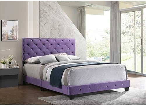 Miniatura 2 de Glory Furniture Cama de tamaño matrimonial con cabecero, estribo en terciopelo, en morado, no necesita somier, fácil montaje Multicolor -,Púrpura