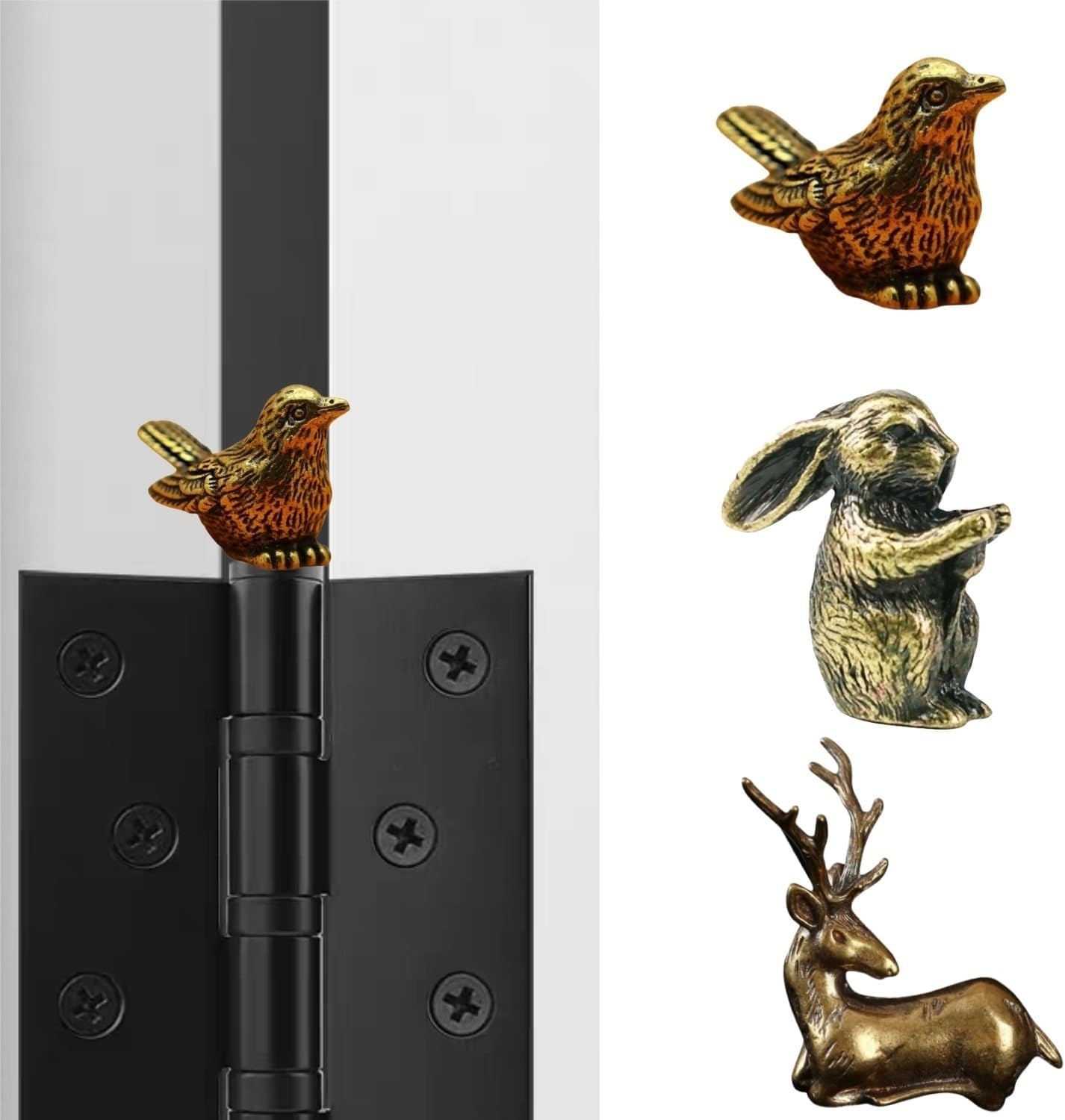 3PS Brass Sparrow,Rabbit and Deer Hinge Heads Decorative Topper Set -Magnetic Hinge Vintage Door Hinge Head Home Decoration