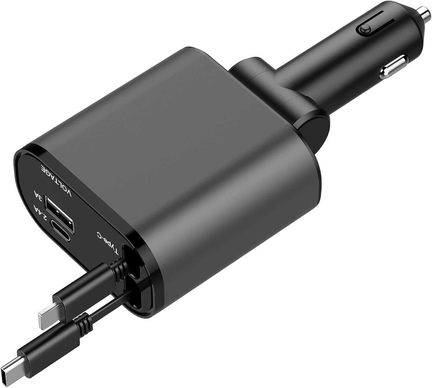 Retractable Car Charger,4 in 1 Fast Charger,Car Adapter with Retractable Cables and Dual USB Ports for Smartphones,Galaxy S23,MacBook Pro,iPad Air,and More, Black Grey, PT-16