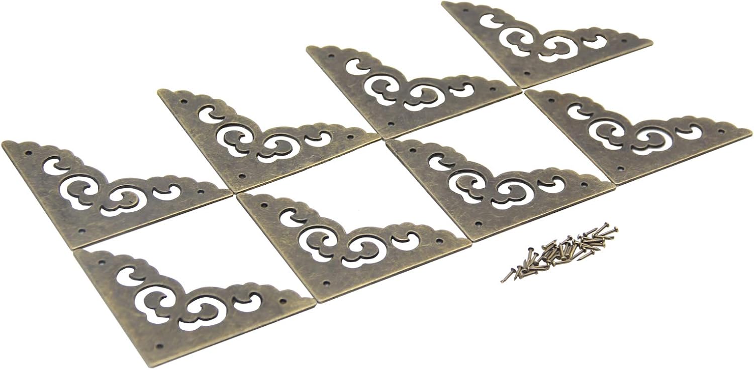 2.6x2.6 inch Vintage Corner Protectors (8 Pcs) Metal Box Corner Protector Corner Brace with Mounting Screws for Furniture Jewelry Box Decoration Edge Cover Furniture Cabinet,Hollow, Antique Bronze