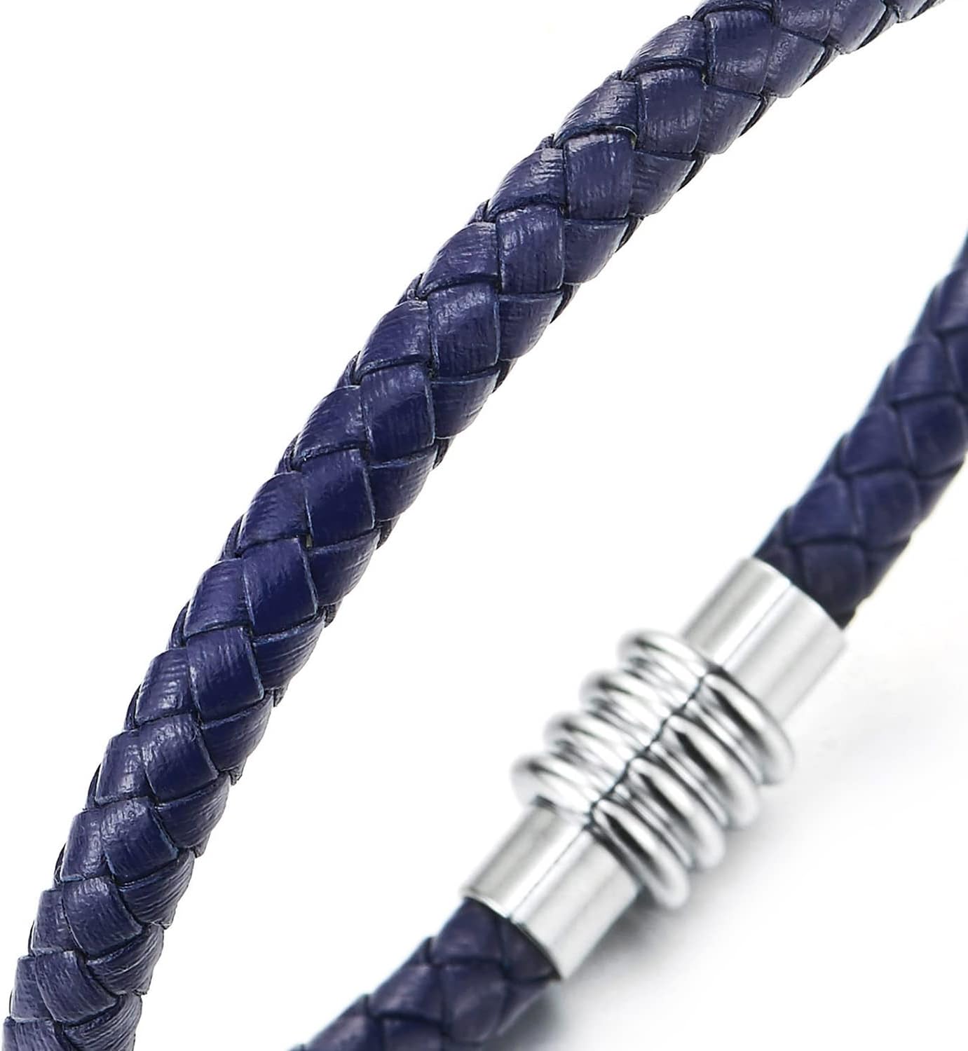 COOLSTEELANDBEYOND Mens Womens Braided Blue Leather Bangle Bracelet with Magnetic Clasp - Image 2