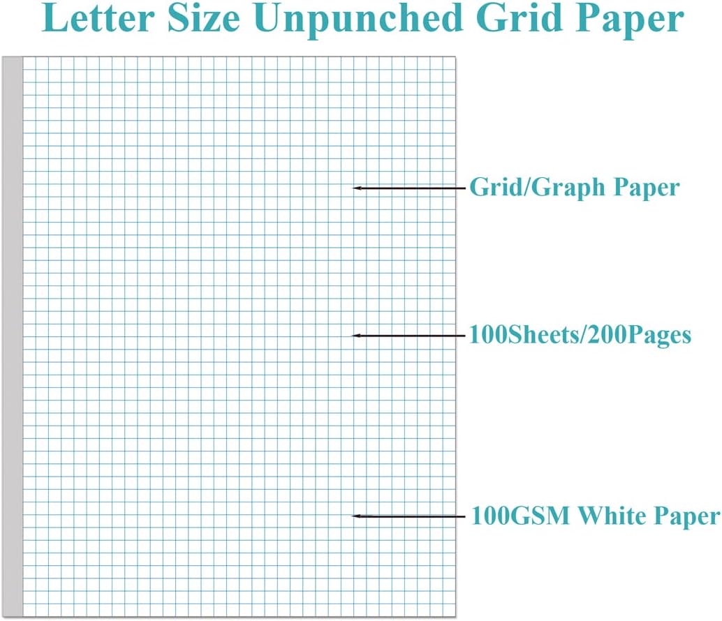 Graph Paper - A4 Grid Paper, 4"x4" Blue Quad Rule, 100Sheets / 200Pages Unpunched Double Sided, 100gsm White Paper, 8.5'' x 11''