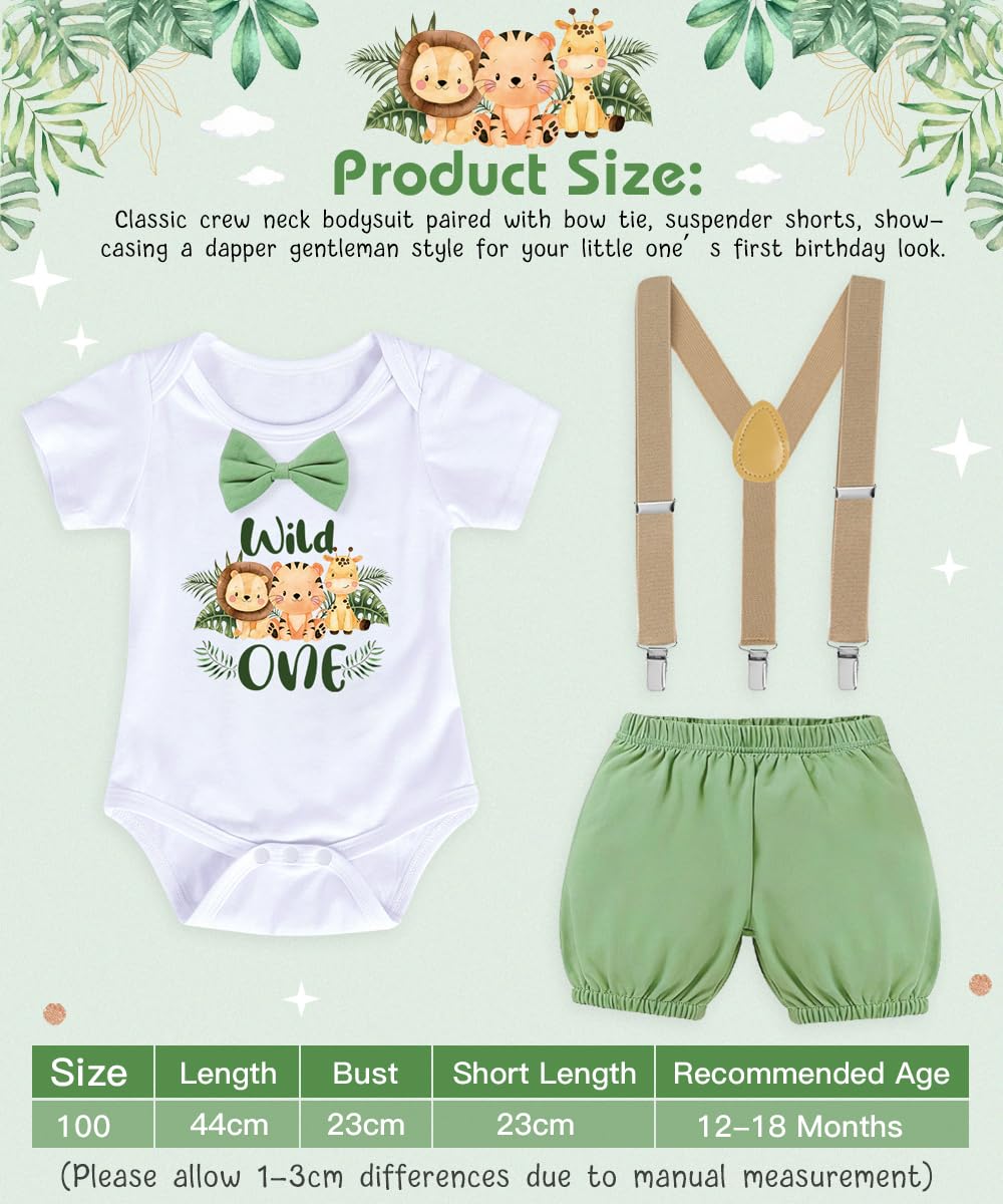 Vestiti Compleanno 1 Anno Bambino, Safari Vestito per Il Primo Compleanno Set con Pagliaccetto, Pantaloncini, Bretelle, Corona Fascia, Wild One Compleanno Outfit per Baby