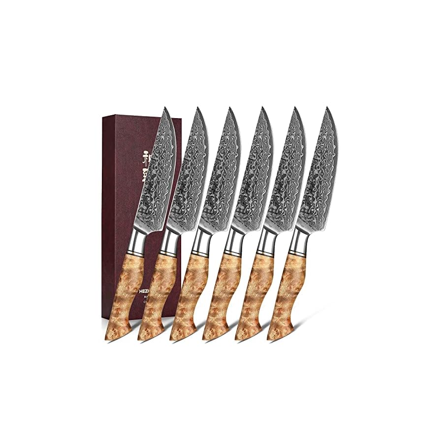 HEZHEN-6PCS-Kitchen-Knife-Set-Professional-Forged-Damascus-High-Carbon-Steel-Steak-Knife-Figured-Sycamore-Wood-Handle-Porcelain-Gift-Package HEZHEN 6PCS Kitchen Knife Set Professional Forged Damascus High Carbon Steel Steak Knife Figured Sycamore Wood Handle-Porcelain Gift Package