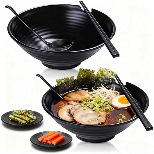 Vivimee Juego de 2 tazones de ramen irrompible estilo japonés, 37 onzas, grandes cuencos y cucharas de melamina mate con palillos y platillos para