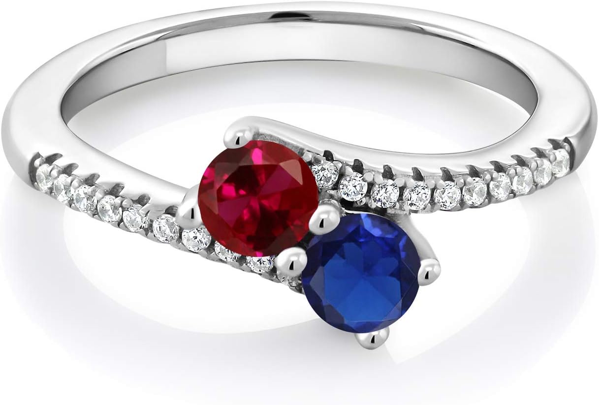 Gem Stone King Two-Stone Bypass Ring for Women in 925 Sterling Silver | 4MM Round Gemstone Birthstone and Created Ruby | Crossover Anniversary Engagement Wedding Promise Ring | Sizes 5, 6, 7, 8, 9