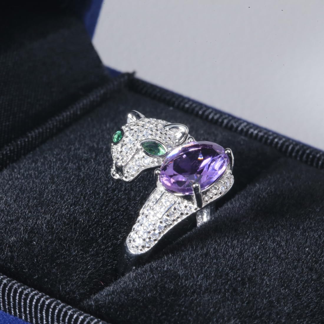 925 Sterling Silver Amethyst Leopard Ring – Adjustable Open Band Statement Jewelry for Women with Green CZ Eyes and Pavé Panther Design
