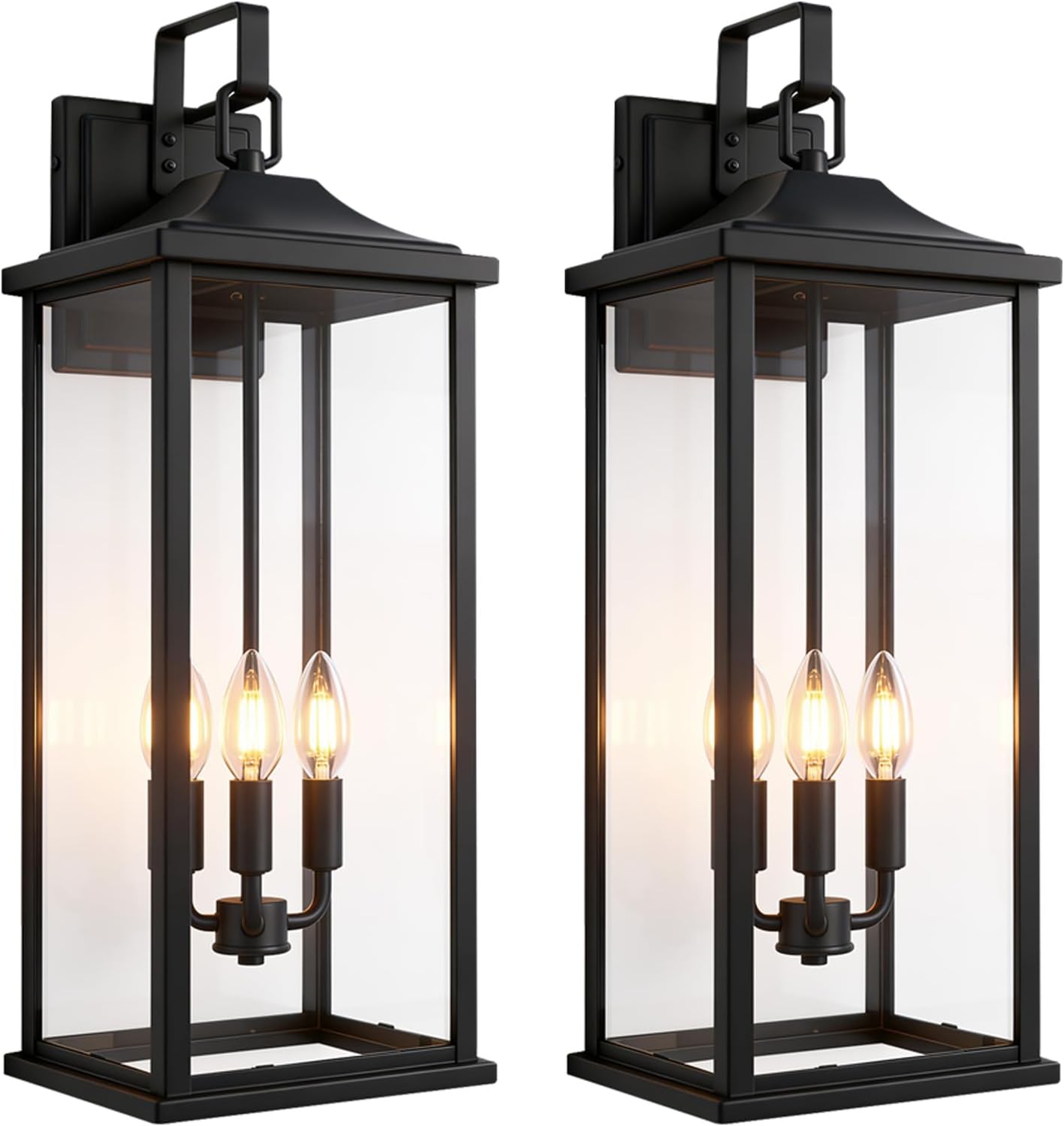 24" 2Pack Outdoor Wall Light Fixture, 3-Light Candelabra Exterior Wall Sconce, E12 Base, Clear Glass, Modern Matte Black Porch Light, IP65 Waterproof, Wall Mounted for Front Door, Garage & House