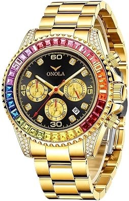 Business Gold Mens Watch Quartz Colorful Diamond Stainless Steel with Waterproof Men Watch Clock