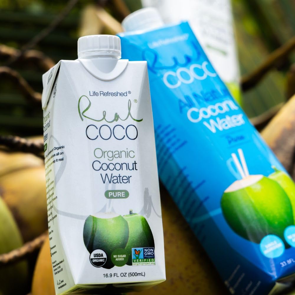 Real Coco Organic Pure Coconut Water 500mL, 100% USDA Organic Coconut Water, Packed with Electrolytes, Dairy/Soy Free, Vegan, Plant Based (12-pack, 500L) *PACKAGING MAY VARY*