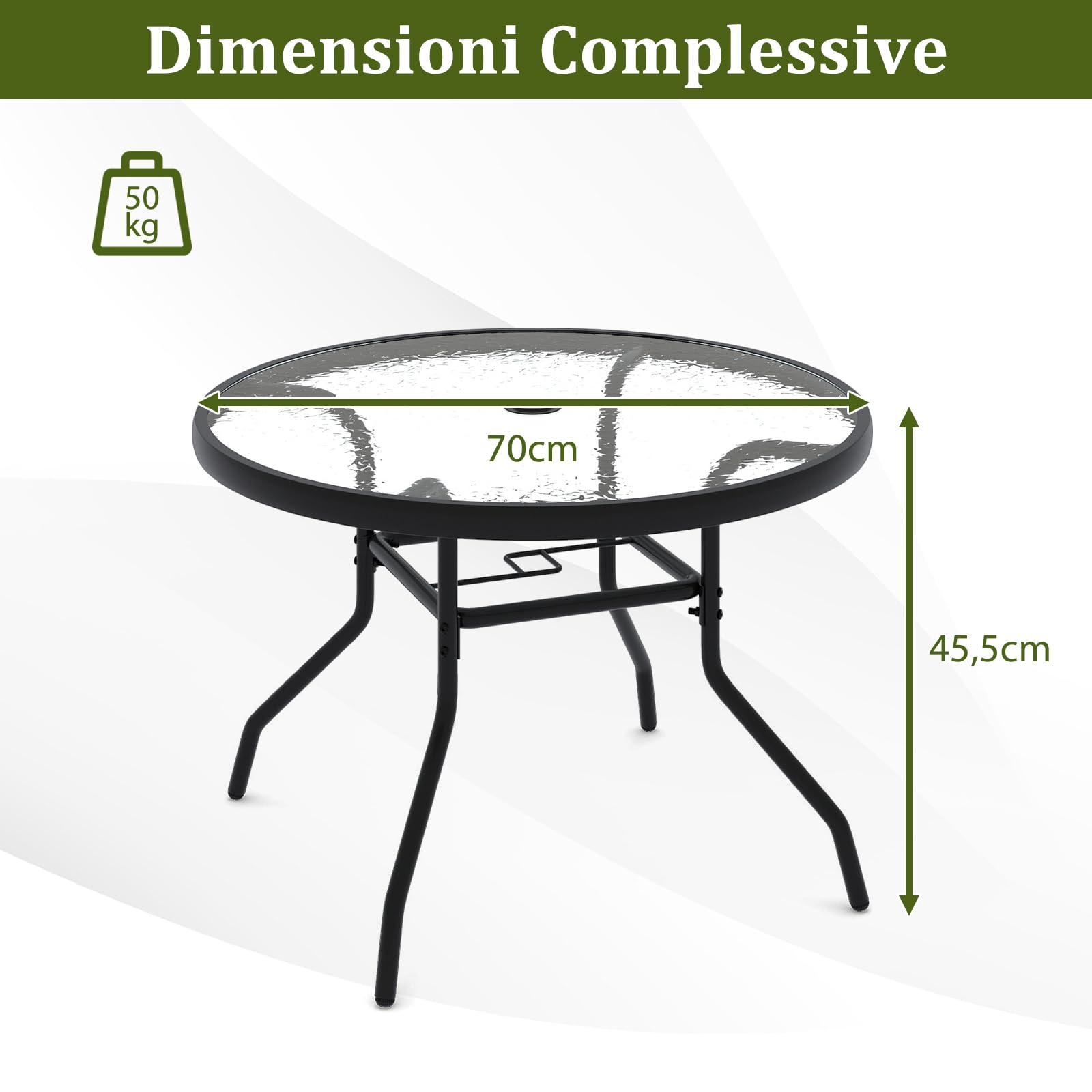 COSTWAY Tavolino Esterno in Metallo e Vetro, Tavolino da Bistro con Foro per Ombrellone 4,2 cm, Tavolo per Giardino Balcone Cortile, Portata 50 kg (70 x 45,5 cm)