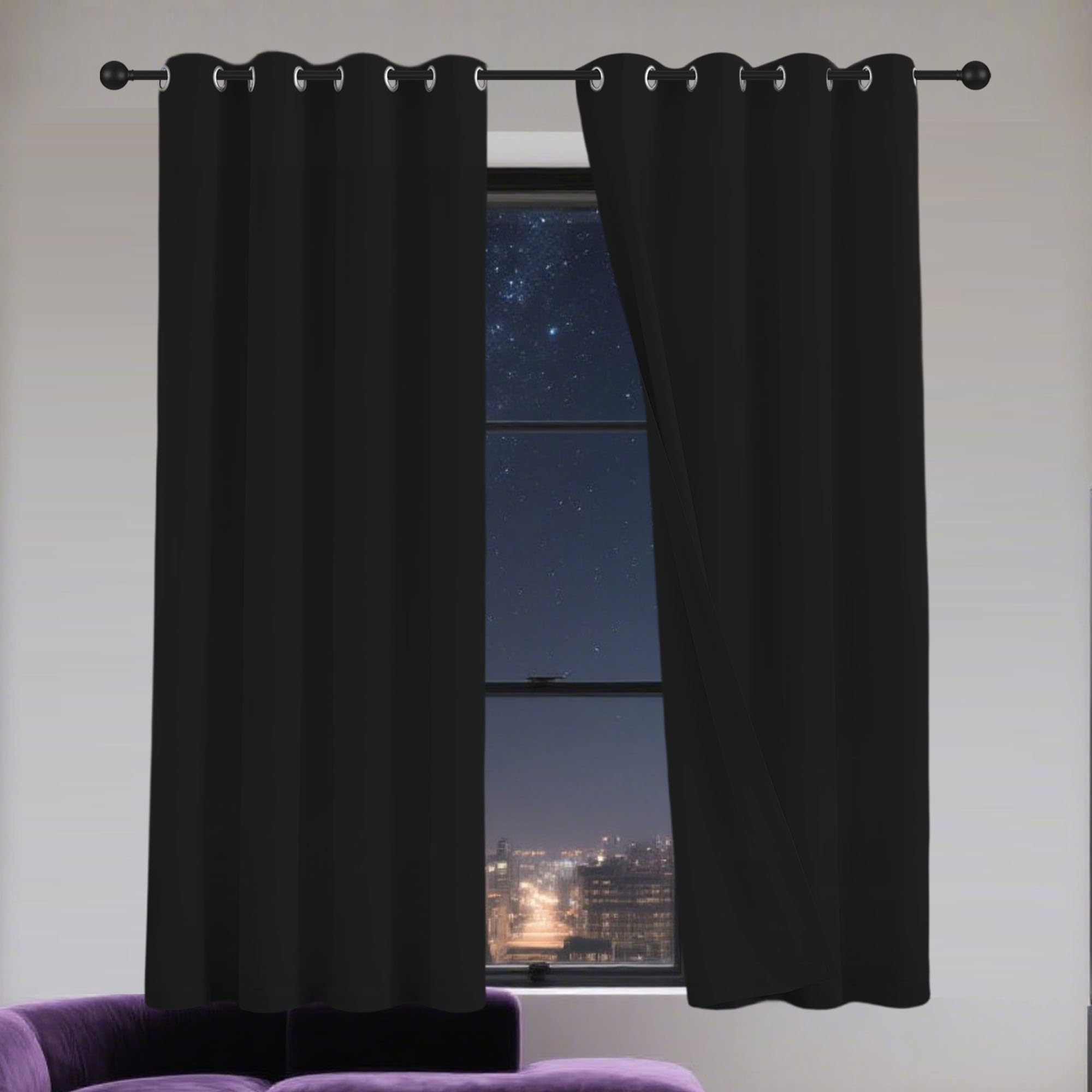 Rideaux occultant à oeillets noir 200 x 115 cm pour fenêtre de chambre