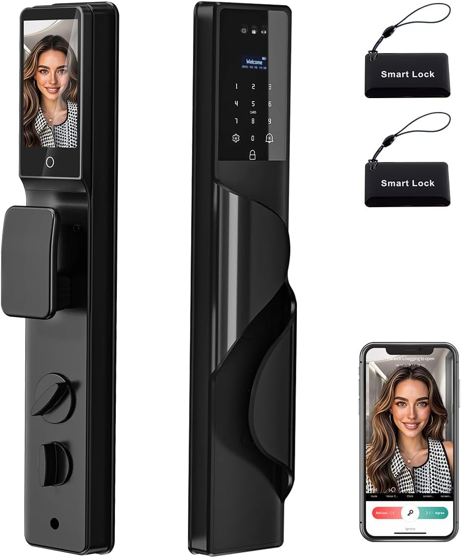 Dalm Vein Smart Lock, 3D Facial Recognition for Keyless Entry, Fingerprint, Ic Card, Tuya App, Wi-Fi, Auto-Lock, Voice Control,Rear Lock Video Screen,Aluminum Alloy Construction