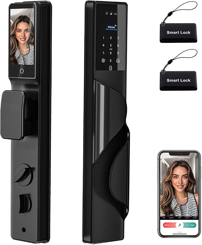 Dalm Vein Smart Lock, 3D Facial Recognition for Keyless Entry, Fingerprint, Ic Card, Tuya App, Wi-Fi, Auto-Lock, Voice Control,Rear Lock Video Screen，Aluminum Alloy Construction