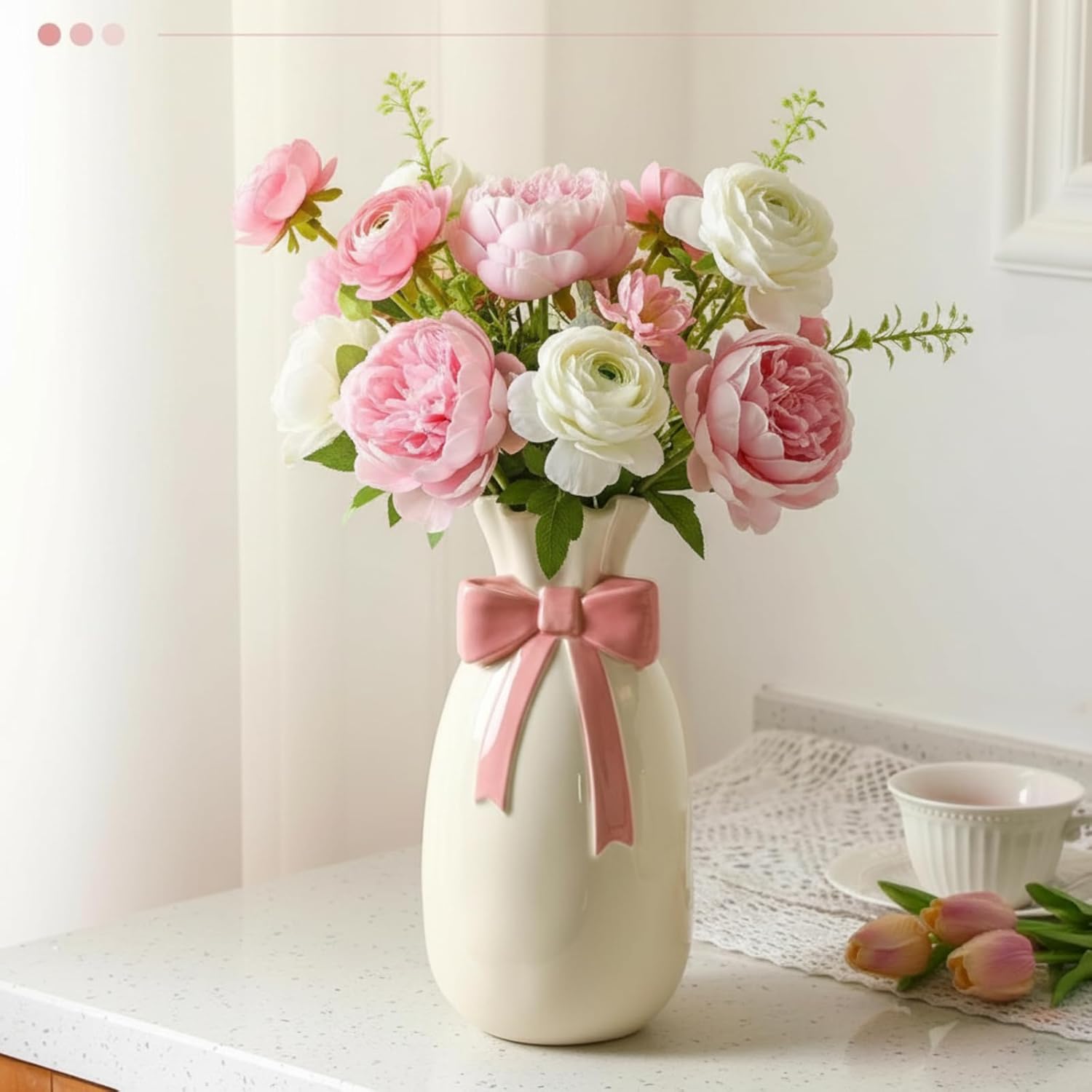 Jingmore Pink Bow Ceramic Vase for Flowers 9.3 Inch Cute Coquette Spring Decorative Porcelain Vase for Fresh/Artificial Flowers Wedding Table Centerpiece Living Room Pink Home Decor