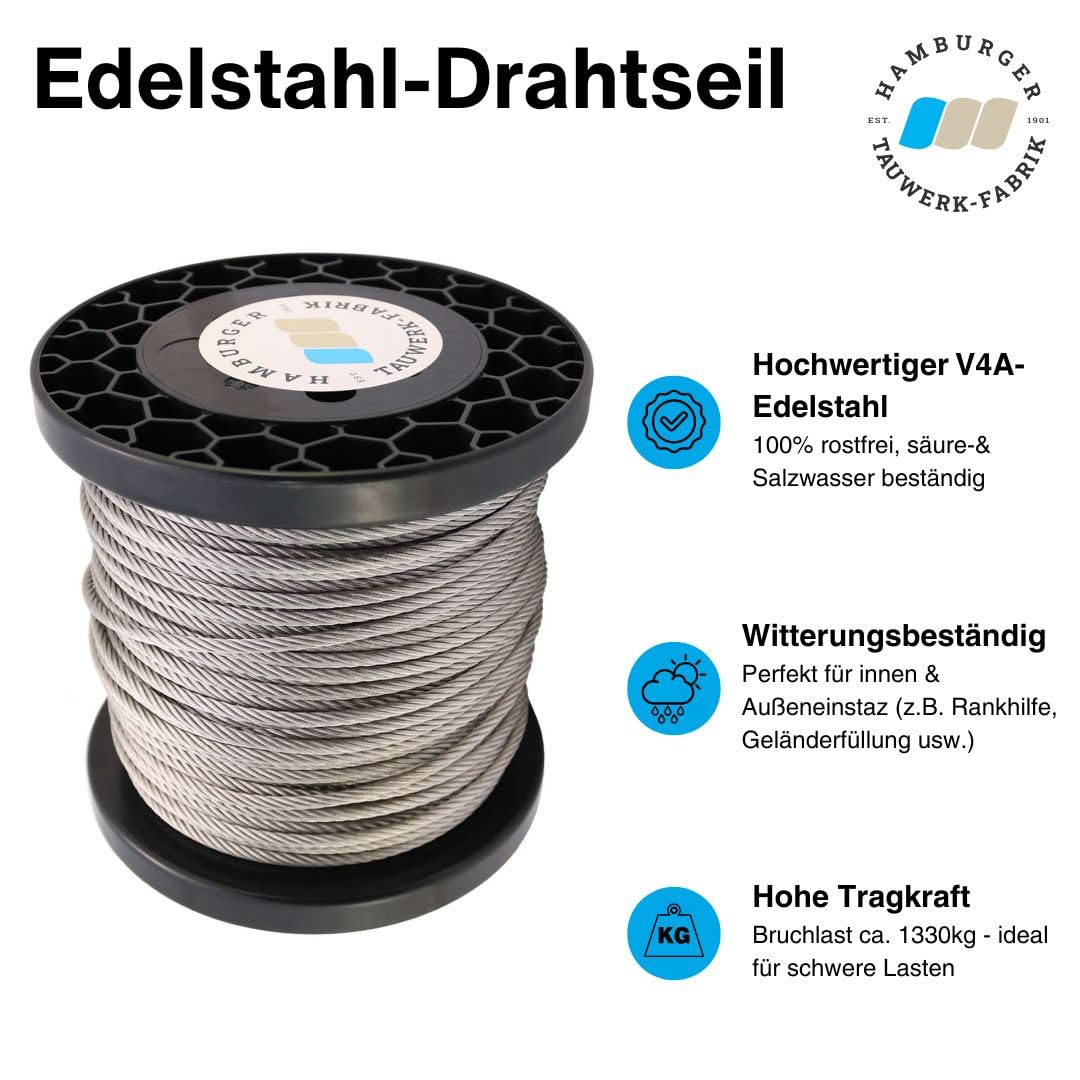 40 Meter - 5,0mm Edelstahldrahtseil 7x19 V4A Inox rostfrei Drahtseil Stahlseil Geländerseil