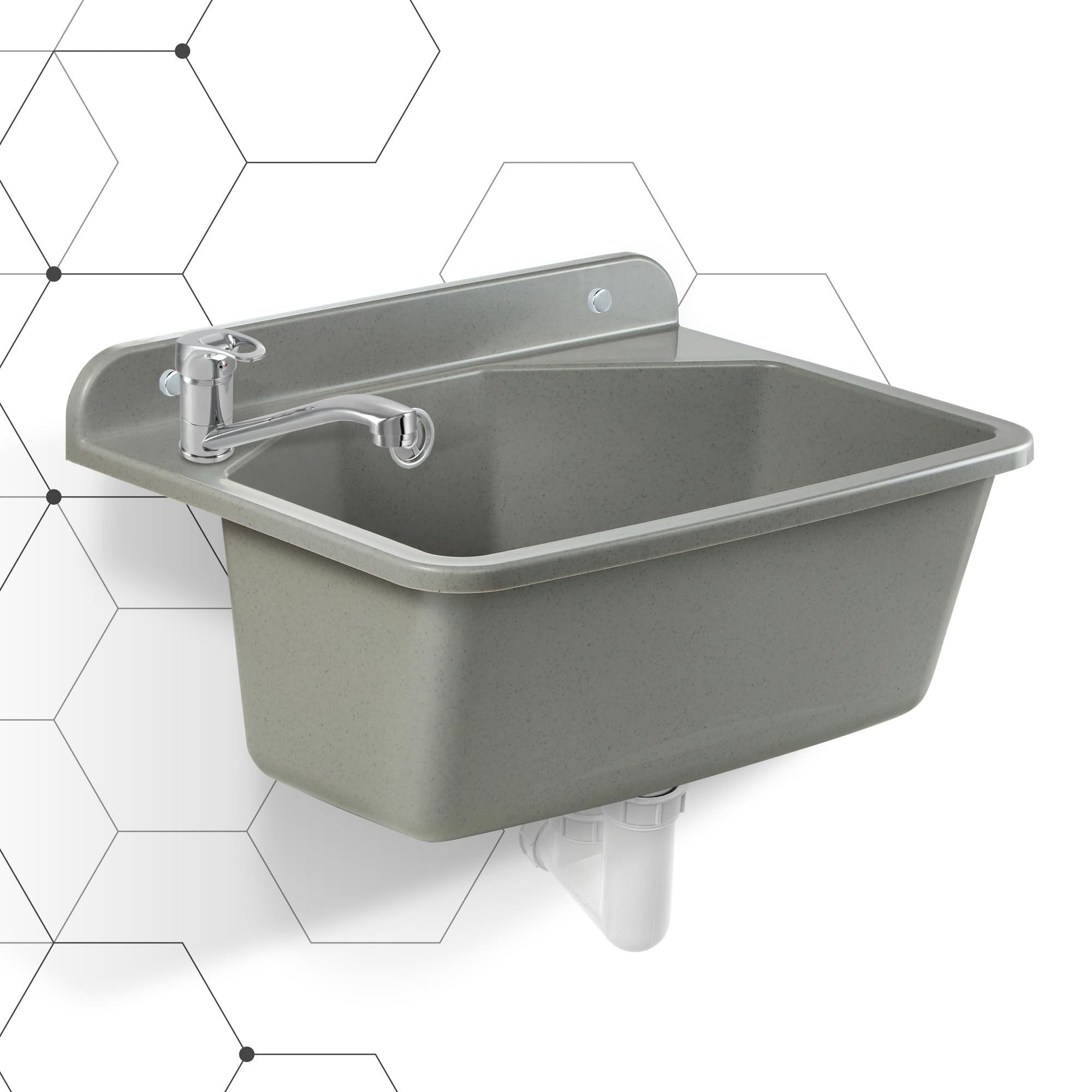 KADAX gospo Évier avec robinet, siphon, 46 x 37 x 20 cm, lavabo en plastique, bac de lavage pour jardin, garage, cave, atelier, montage mural, évier avec accessoires (gris)
