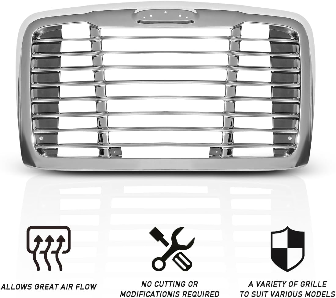 Chrome Front Hood Radiator Grille Without Bug Screen Compatible With 2008-2017 Freightliner CASCADIA without Bug Screen Front Grill ABS Plastic