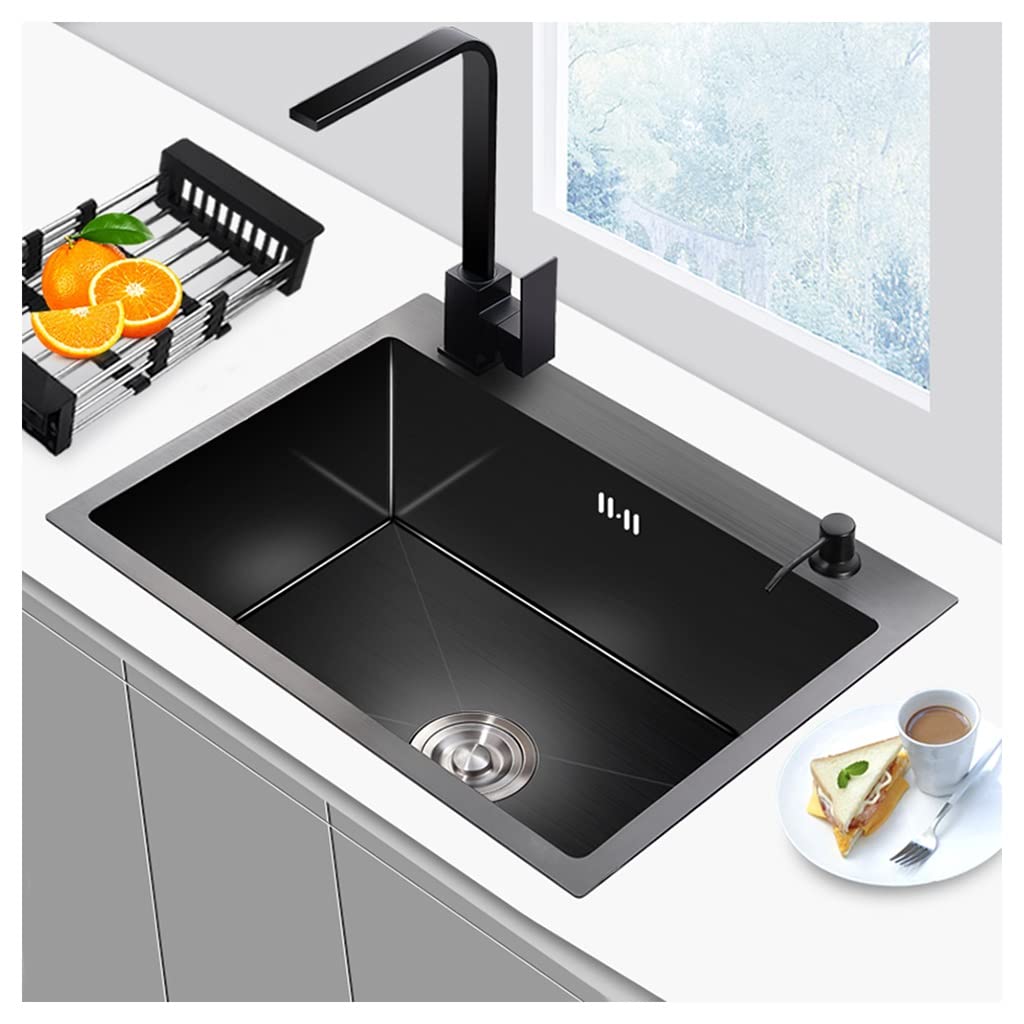 YADZISW Single Bowl Stainless Steel Kitchen Sink with Square Faucet & Drain Top/Undermount Installation Black 55x40x21 cm Durable Modern Design for Home Restaurant Use