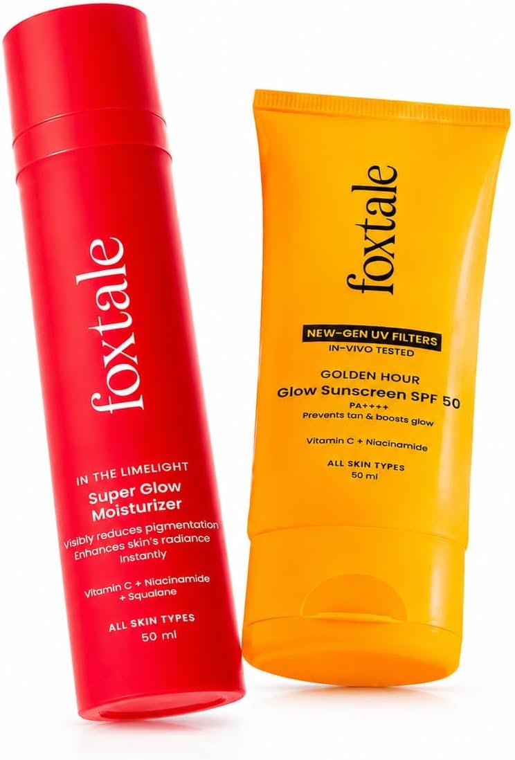 Foxtale Daily Glow Duo| Super Glow Moisturizer (50ml) + Glow Sunscreen SPF 50 PA++++ (50ml) | Treats Pigmentation & Brightens Skin | For Men & Women | Suitable for All Skin Types
