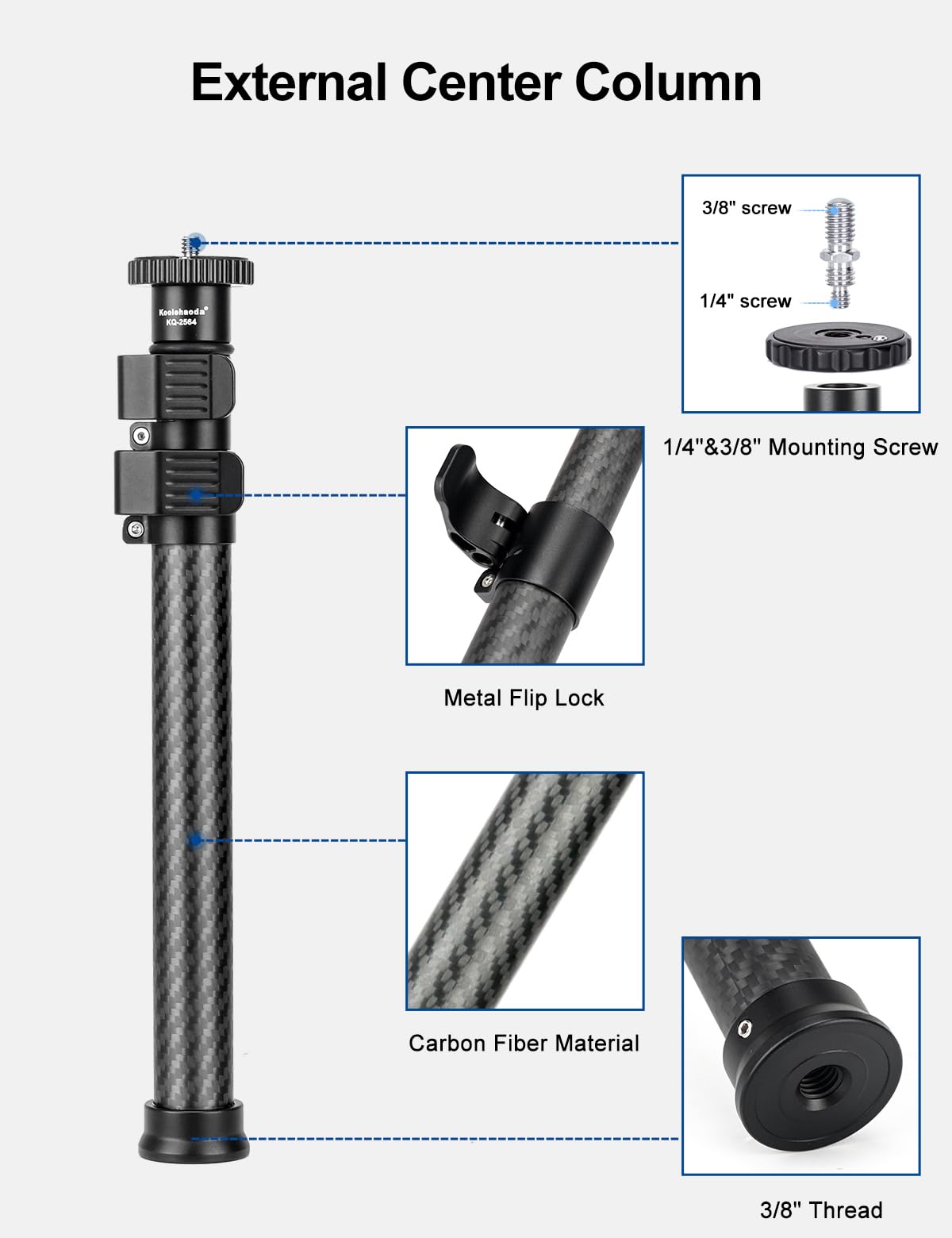 Koolehaoda Stativ Verlängerungsstange aus Kohlefaser, 3-Teilige Mittelsäule Verlängerung-Teleskopstange mit 1/4"- bis 3/8"-Schraube kompatibel mit Kameras/Stativen/Kugelköpfen/Gimbals