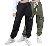 Girl's&Women's 2 Packs Cargo Pants Elastic Waist Drawstring Tapered Multi Pockets Cargo Jogger Pants
