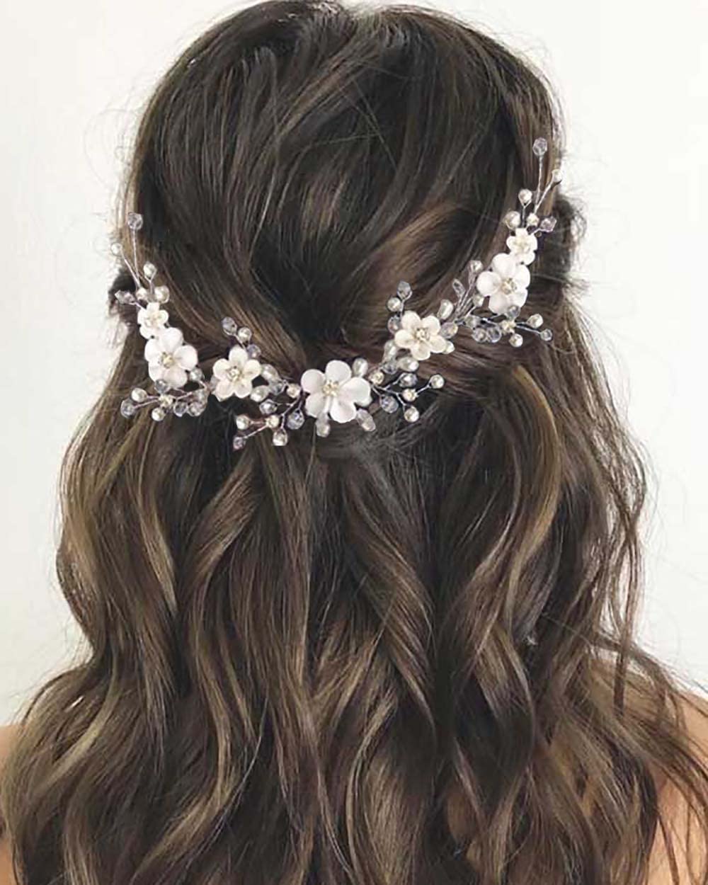 Wedity Bride Tocado de novia con diamantes de imitación plateados Novia Flor de cerámica suave Cabello Vid Pieza de cabello Perlas Accesorios para el cabello para mujeres y niñas