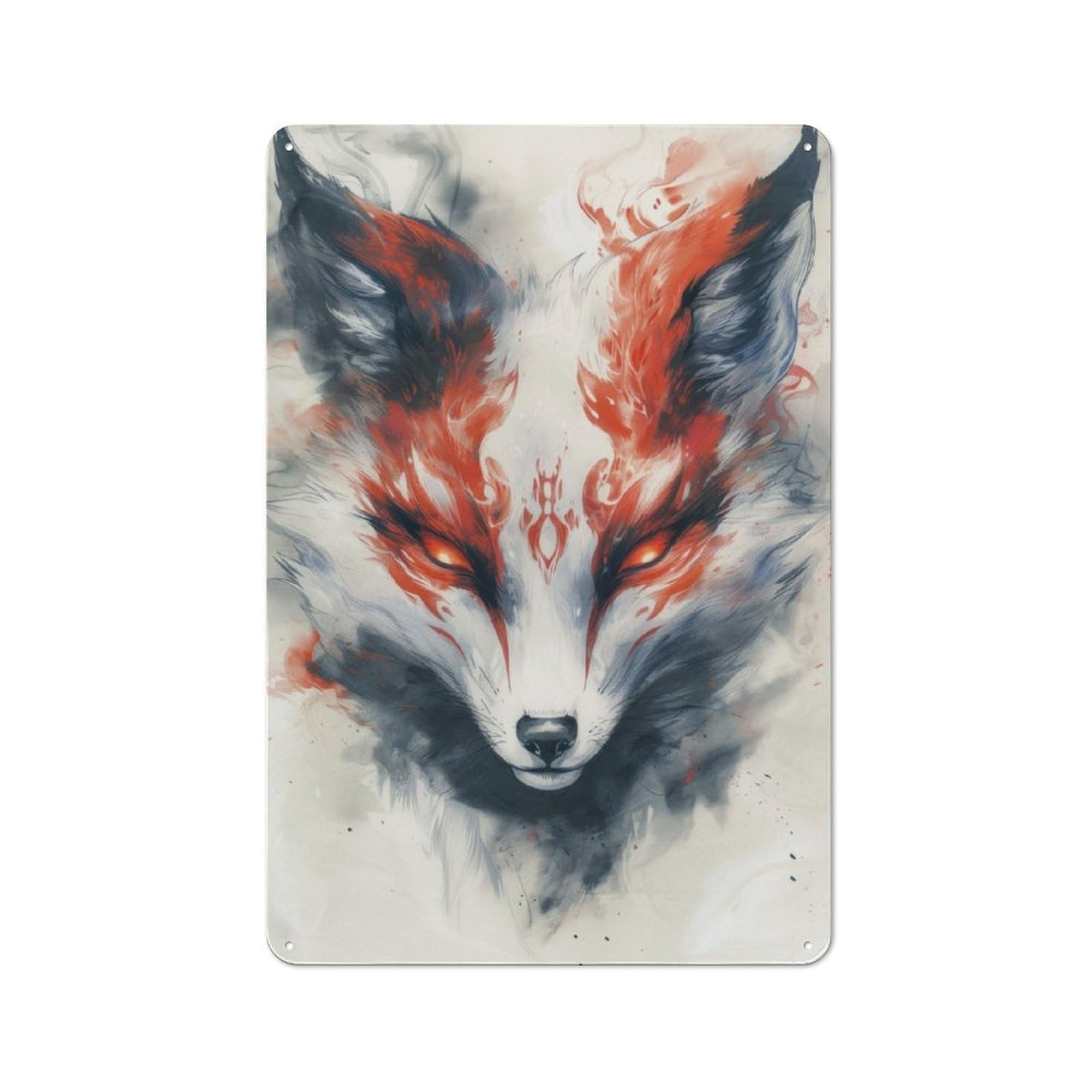 Junmoney White Kitsune Fox Painting Rustic Tin Sign 30X20cm For Living Room Or Hallway, A Metal Wall Feature For Living Rooms And Hallways