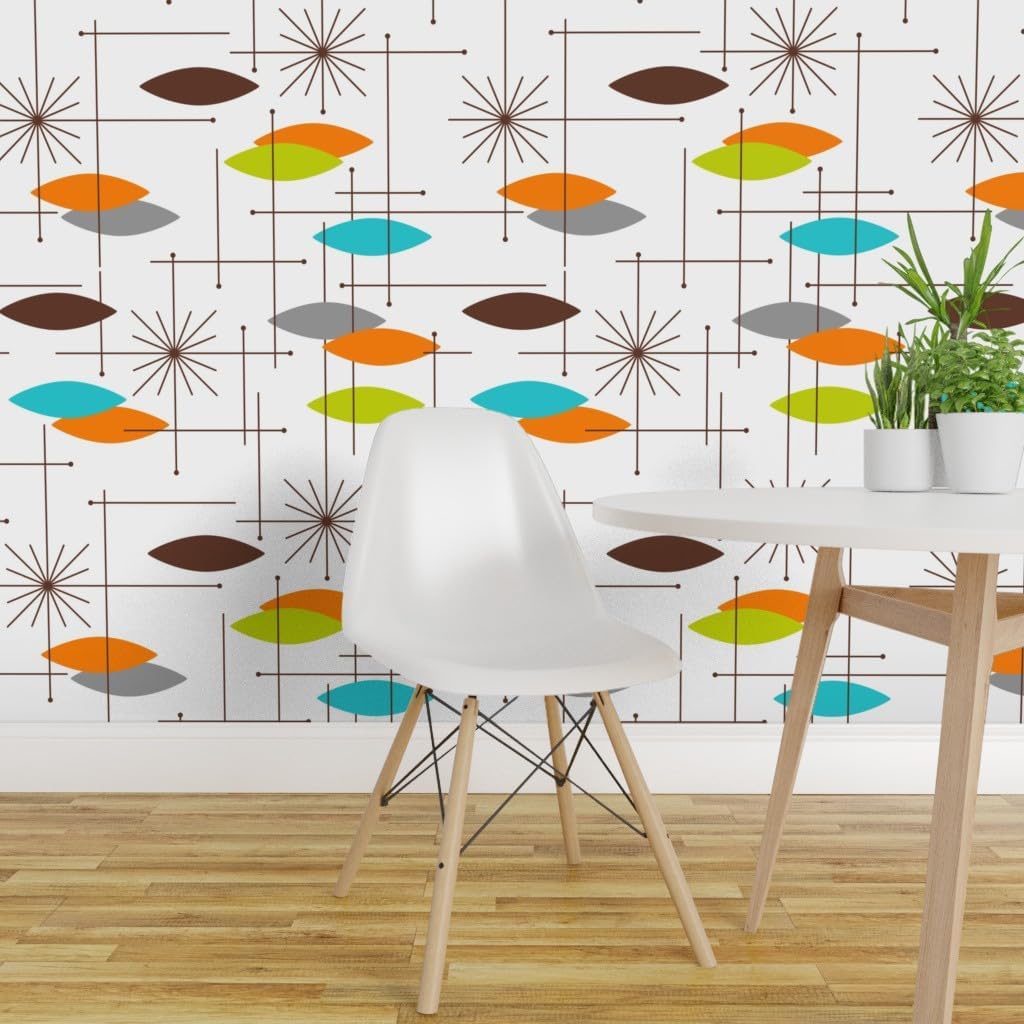 Removable Wallpaper 6ft x 2ft - Mid Century Modern, Orbs, Large Scale, Starburst, Atomic, MCM, Retro, Space Age, Brown, Burnt Custom Pre-Pasted Wallpaper by Spoonflower